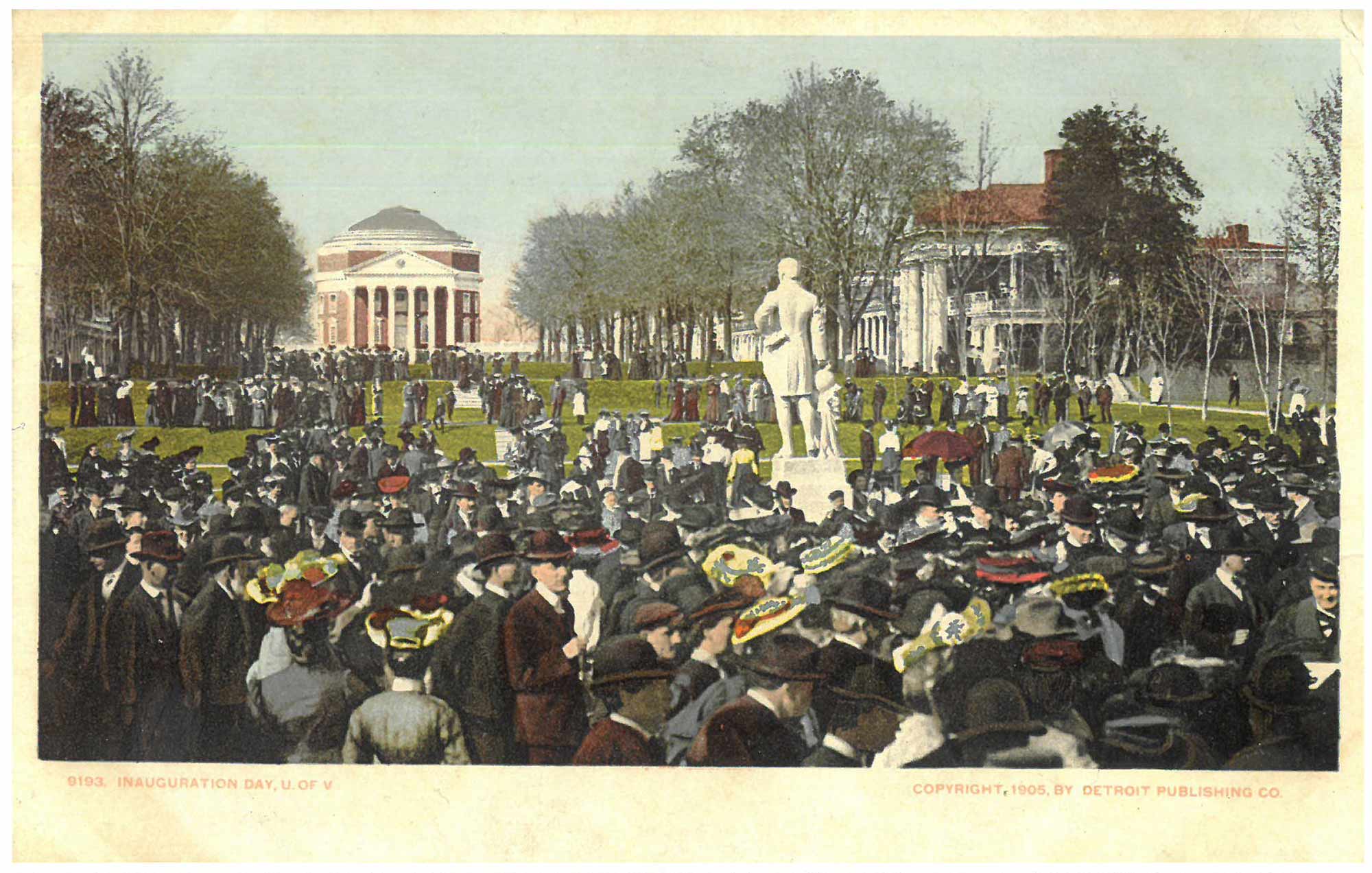 An illustration of a very old picture featuring the UVA Rotunda in the background, with a crowd on the lawn and a stone statue of James Monroe.