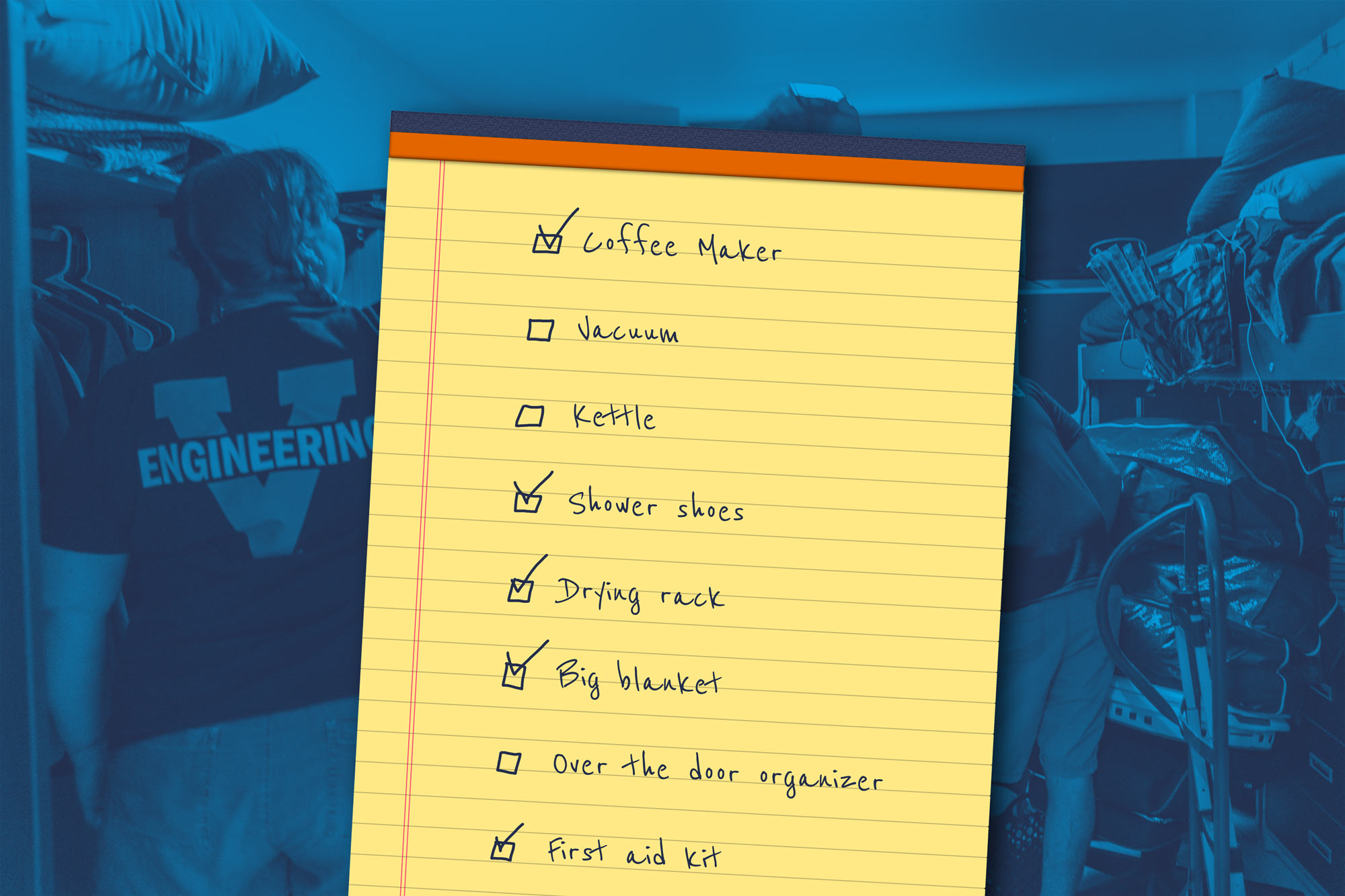 An illustration of a notepad with checklist items overlaying a photo of a student moving in.