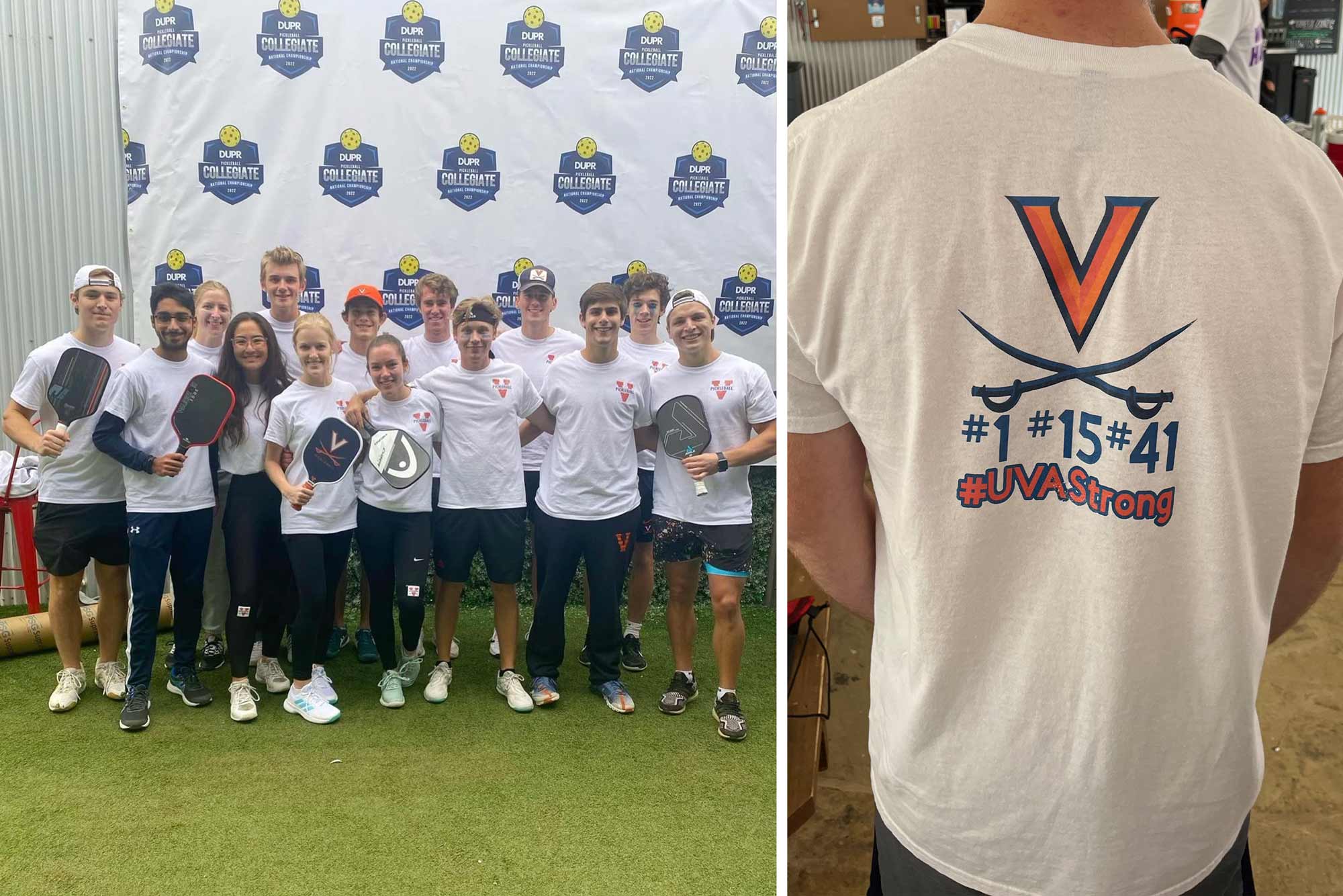 The UVA Pickleball team poses for a group shot wearing t-shirts with the V-Sabre logo, one, fifteen, forty-one, and #UVAStrong