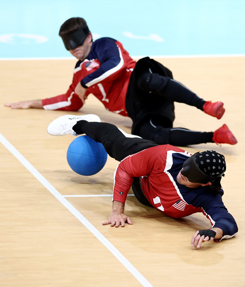 Candid photo of Simpson in action during a goalball competition.