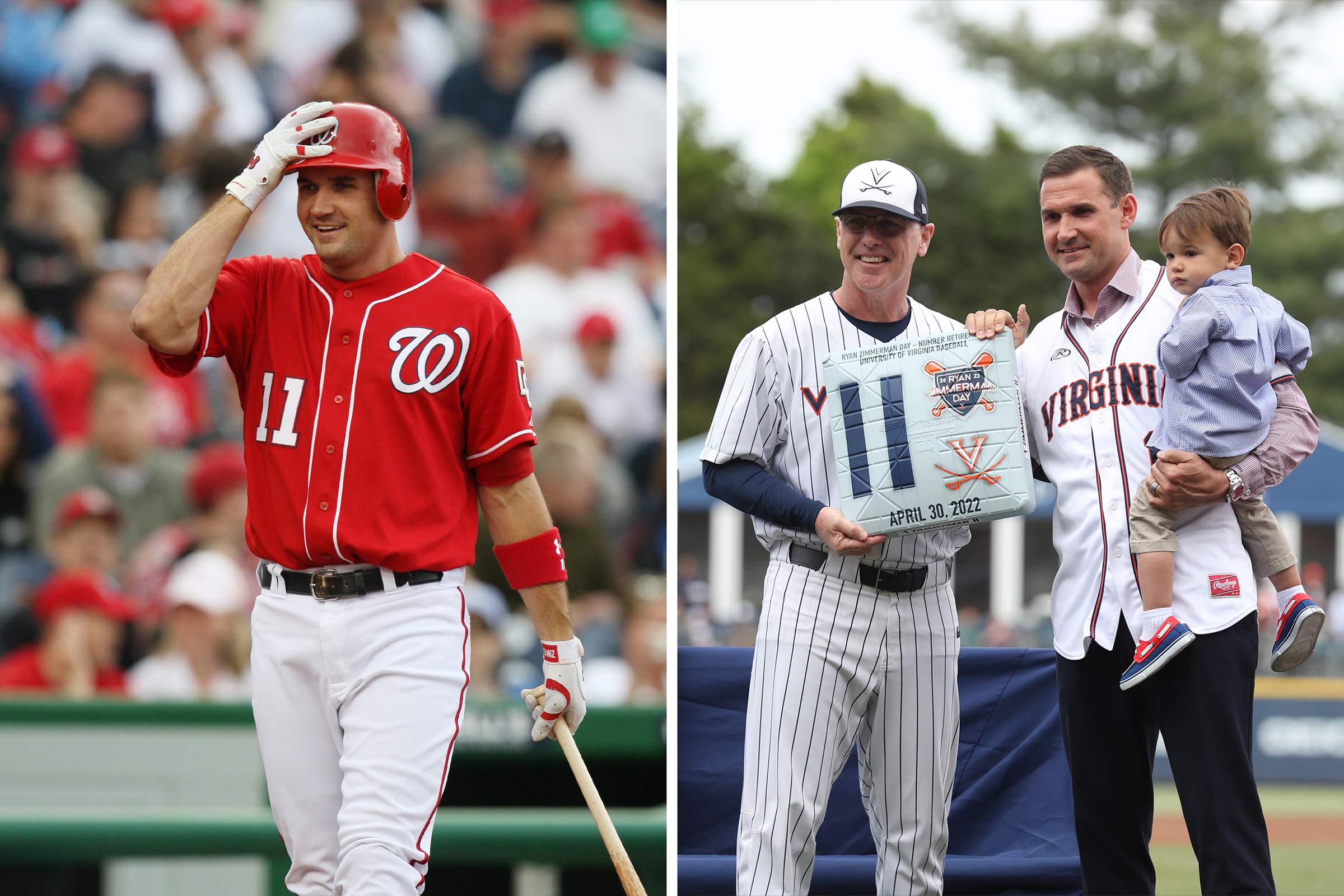 Ryan Zimmerman holds bat in Washington Nationals Uniform and holds son in Disharoon Park 