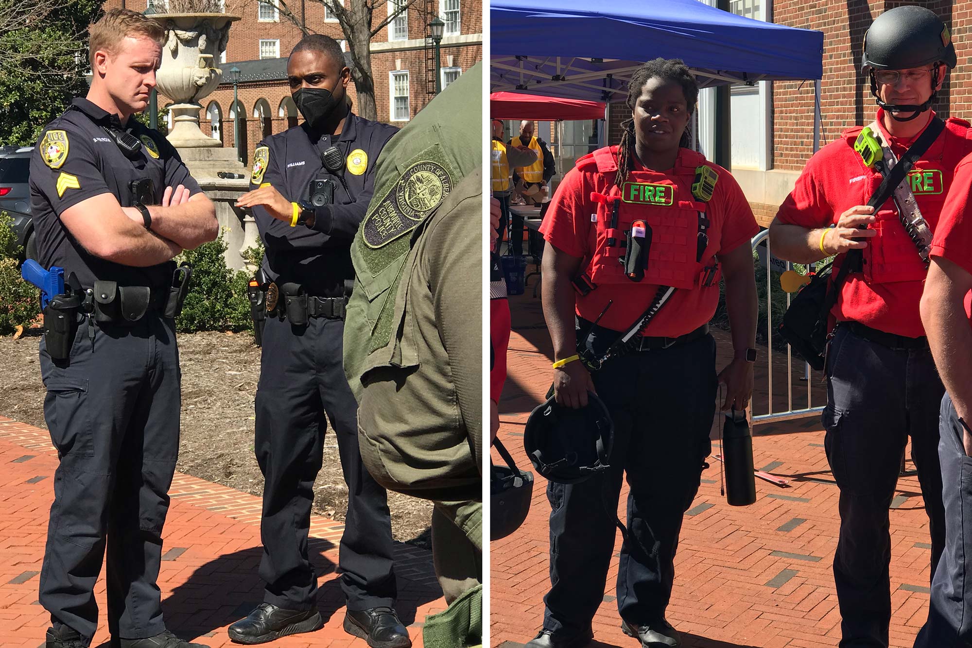 Left, two uniformed police offers converse. Right, two uniformed firefighters wait for an exercise to begin.