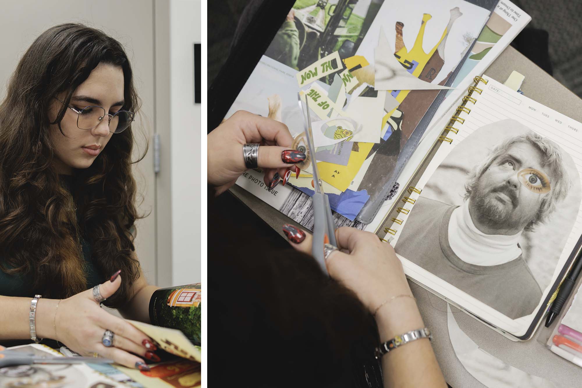 A candid portrait of Charly Beasley (left) and a photo showing a hand cutting a paper clip.