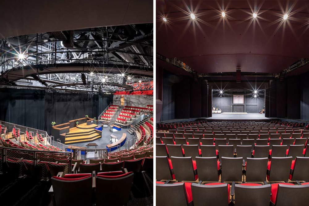 Left: Looking down at a stage from high in the Theatre seating Right: Theatre seats facing the stage