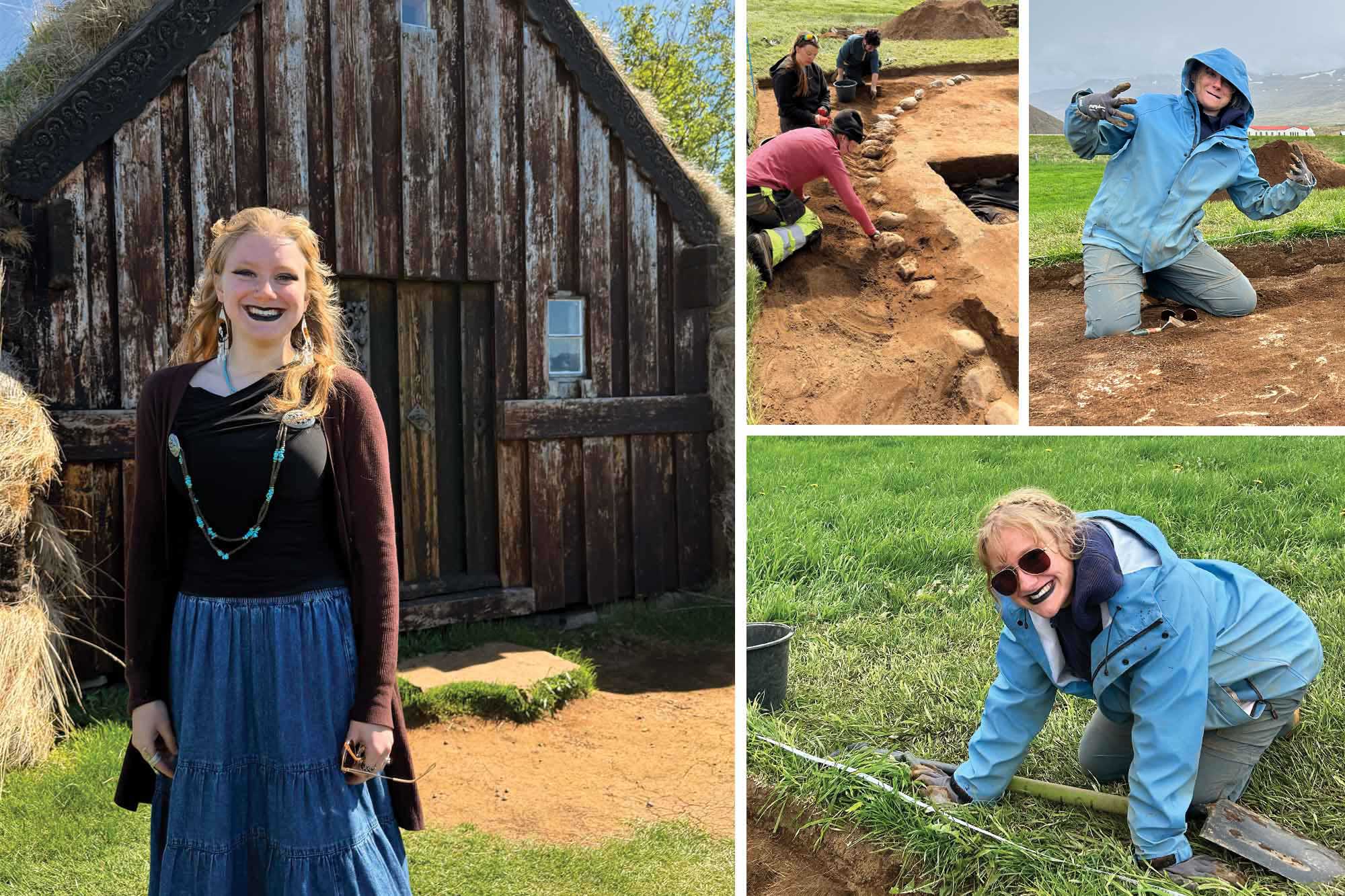 Collage showing Latham posing and taking part in an archaeological dig.