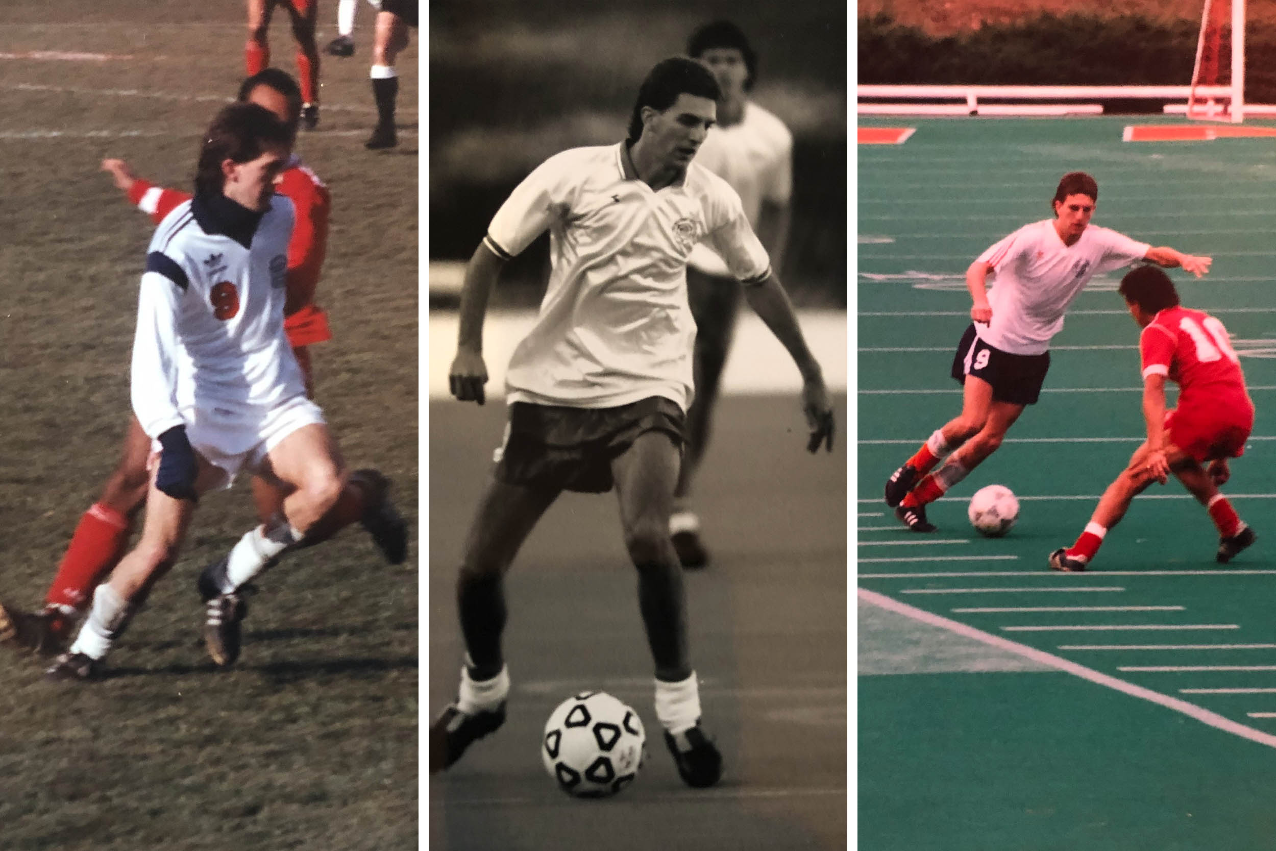 Three photos of Lyle Yorks  playing soccer for UVA