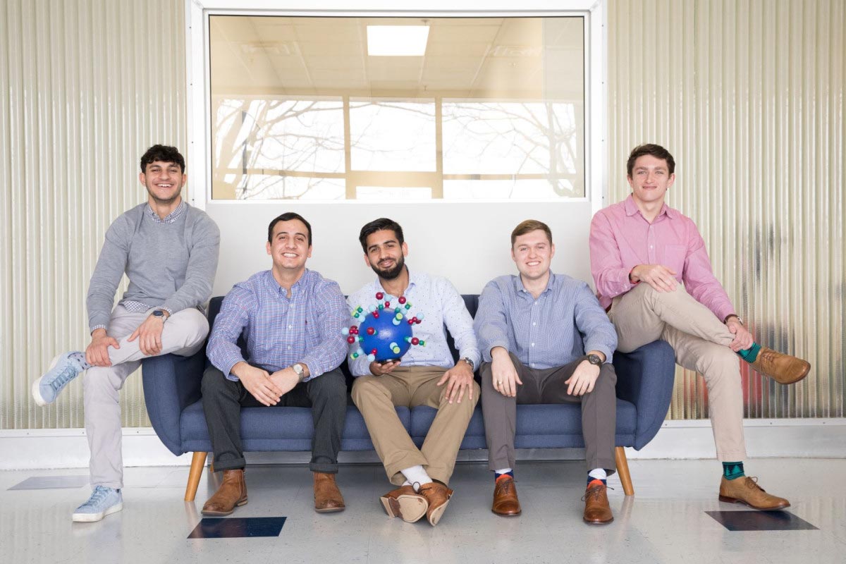 Group portrait of AgroSpheres team members Sepehr Zomorodi, Payam Pourtaheri, Ameer Shakeel, Zach Davis and Joseph Frank on a couch