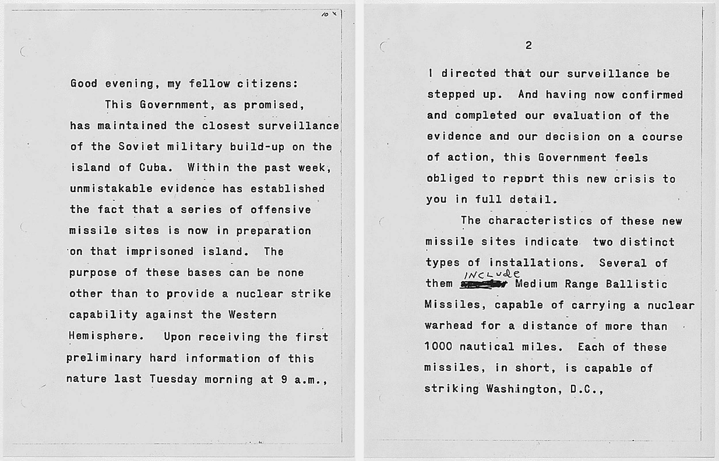 Two pages of a typed speech with handwritten editing marks