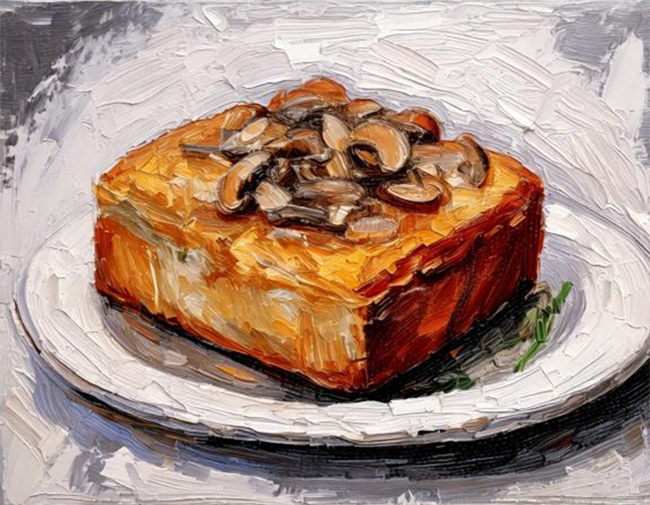 Digital illustration of cornbread with mushrooms