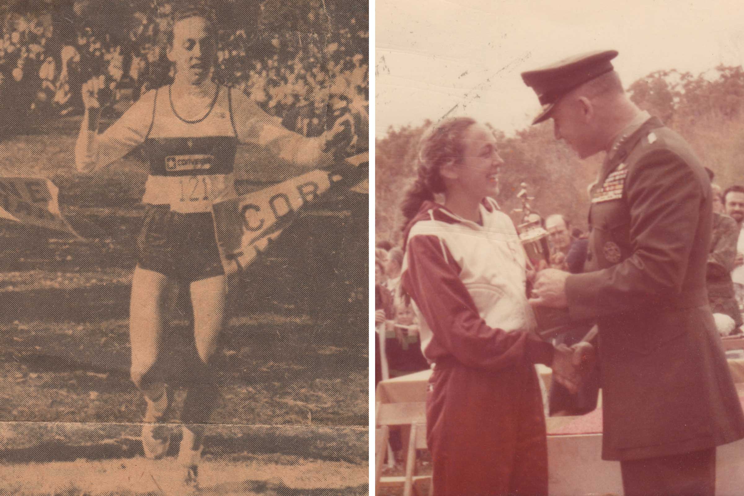 A newspaper photo of Cynthia Lorenzoni running across a finish line and an old photo of her shaking hands with a man in a U.S. Marines uniform