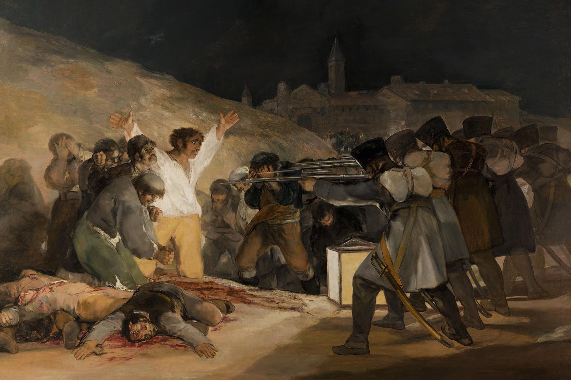 A painting of soldiers aiming guns at a group of people
