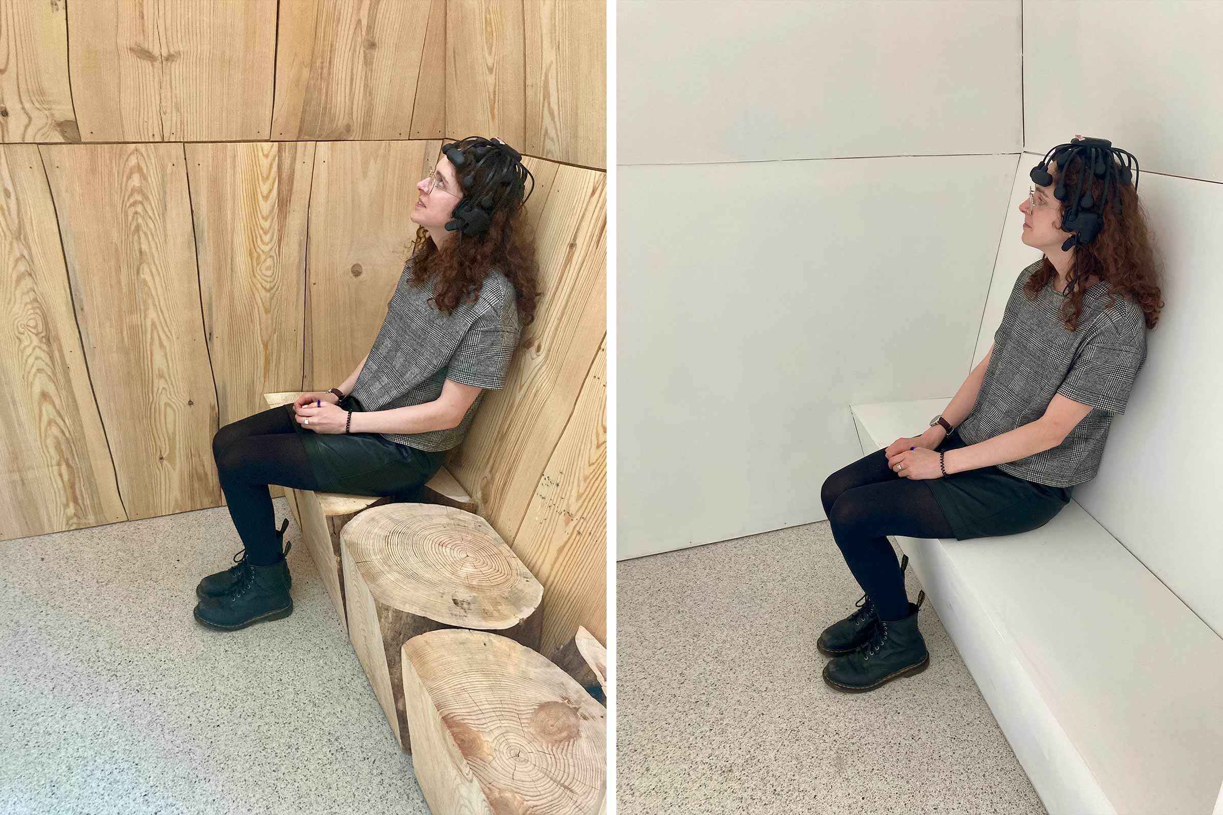 Liz Nigro, a doctoral student at the School of Education and Human Development, sits in the wood chamber and the drywall chamber, wearing an electrode headset to monitor her reactions to the environments. 
