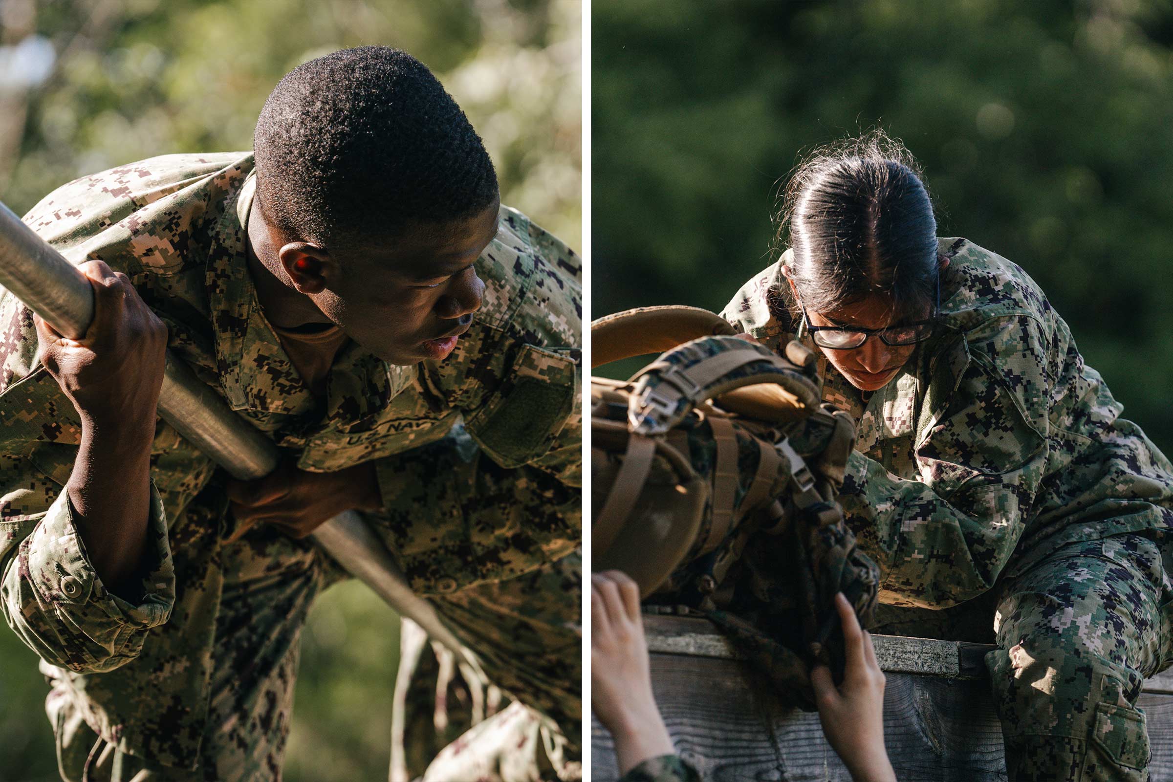 Candid photo of Cisse, left, climbs a barrier on the obstacle course, while Candidate Pria Dua helps one of her teammates over an obstacle.