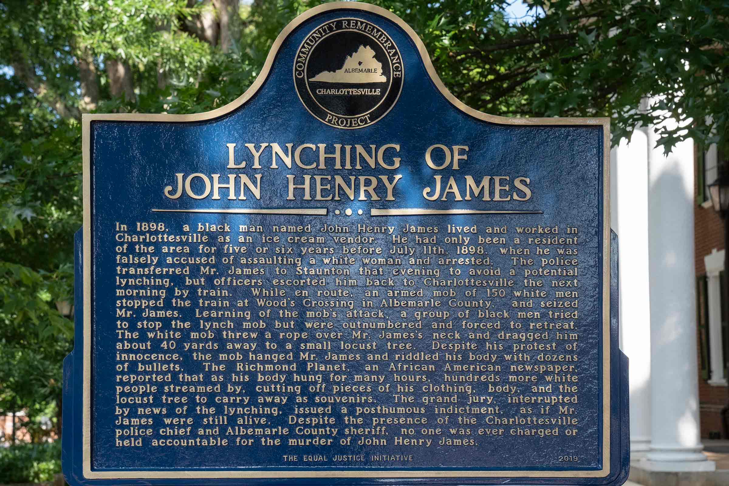 Sign referencing the lynching of John Henry James