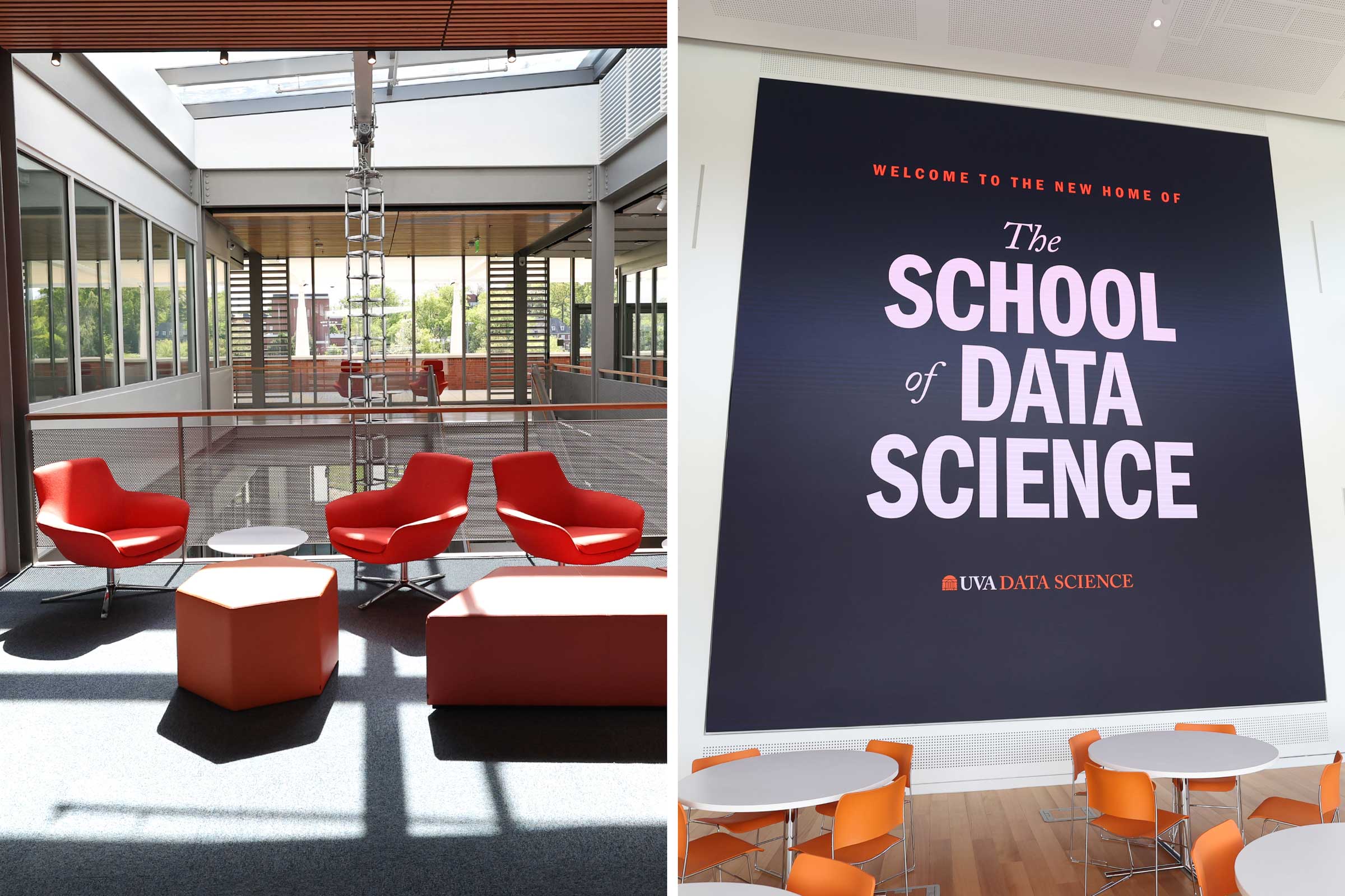 Side by side of chairs and open space and the School of Data Science poster on the wall