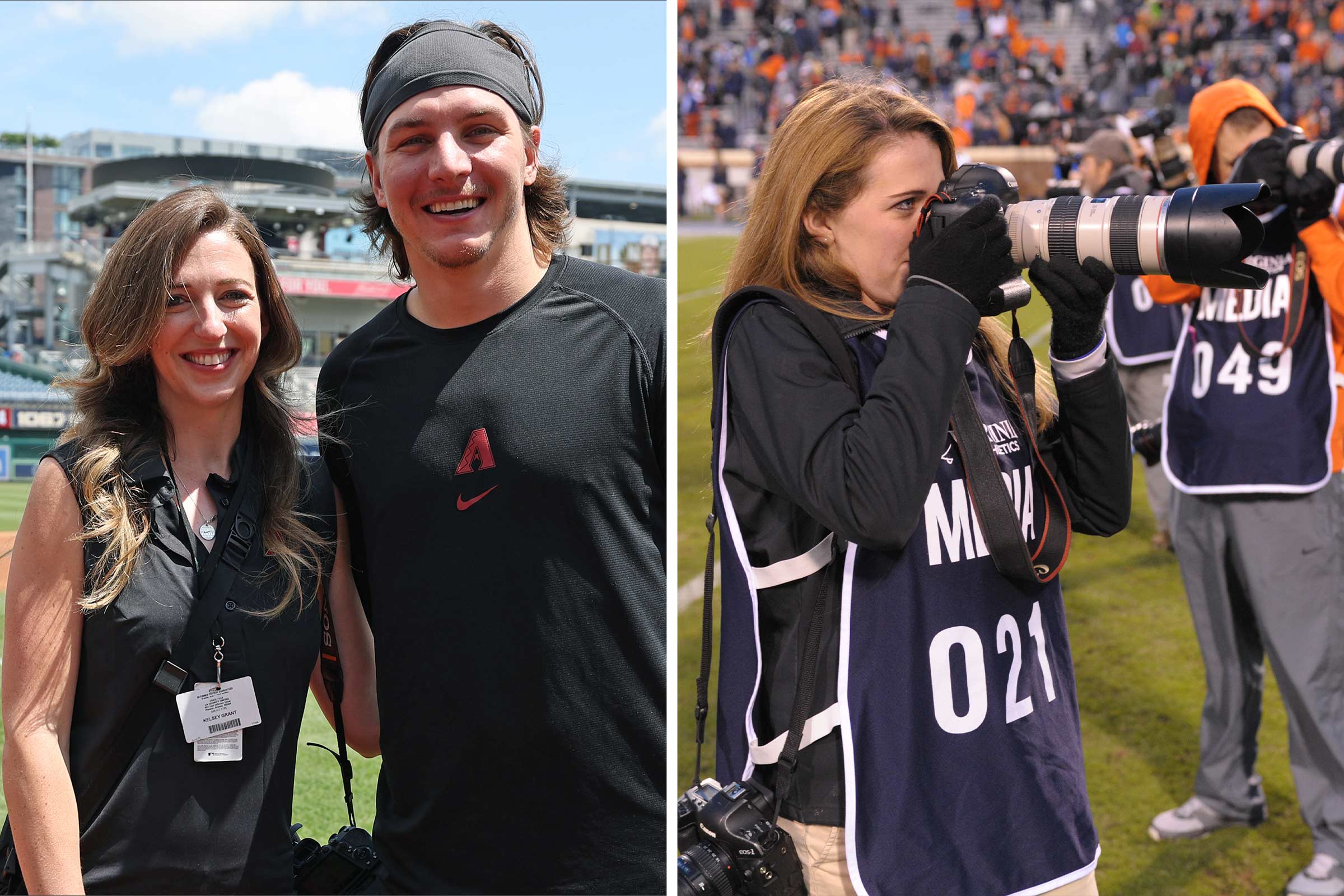 Left: Grant’s not the only recent UVA student to find work with the Diamondbacks. Former Cavalier baseball star Jake McCarthy is in his fourth season with the team; Right: While interning for the UVA athletics department, Grant photographed the Wahoos in a variety of sports and settings, including football at Scott Stadium. 