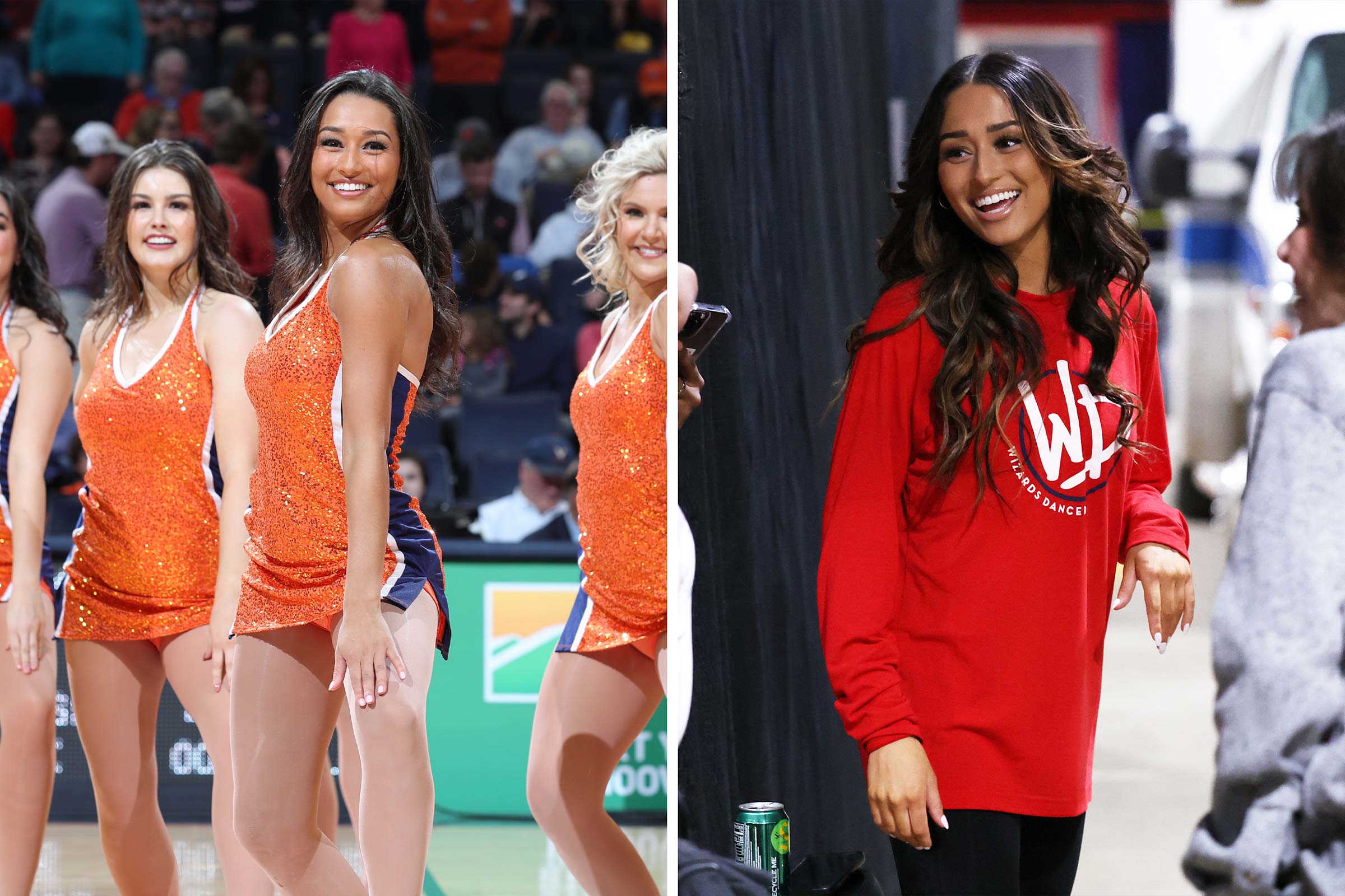 Rollins in dance gear for UVA on the left and dance gear for the Nationals on the right
