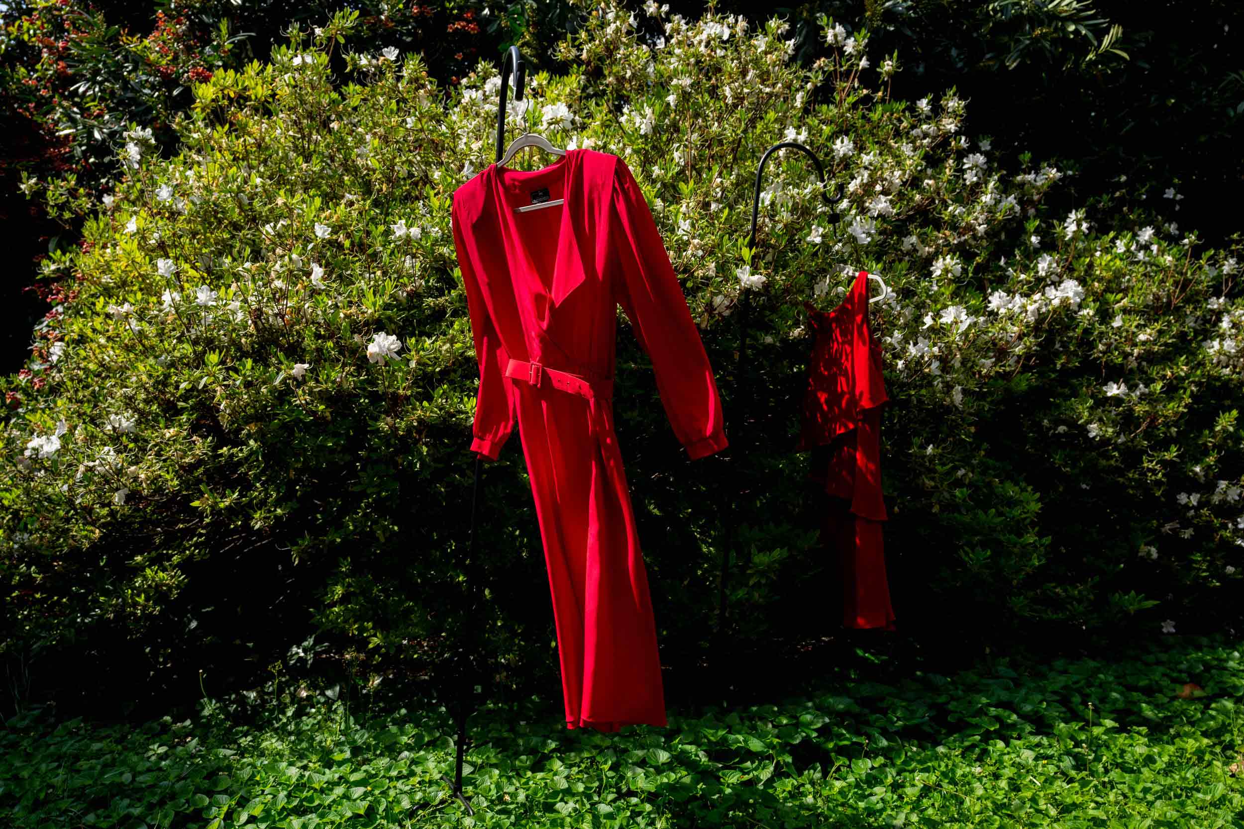 Red dresses blowing in the breeze 