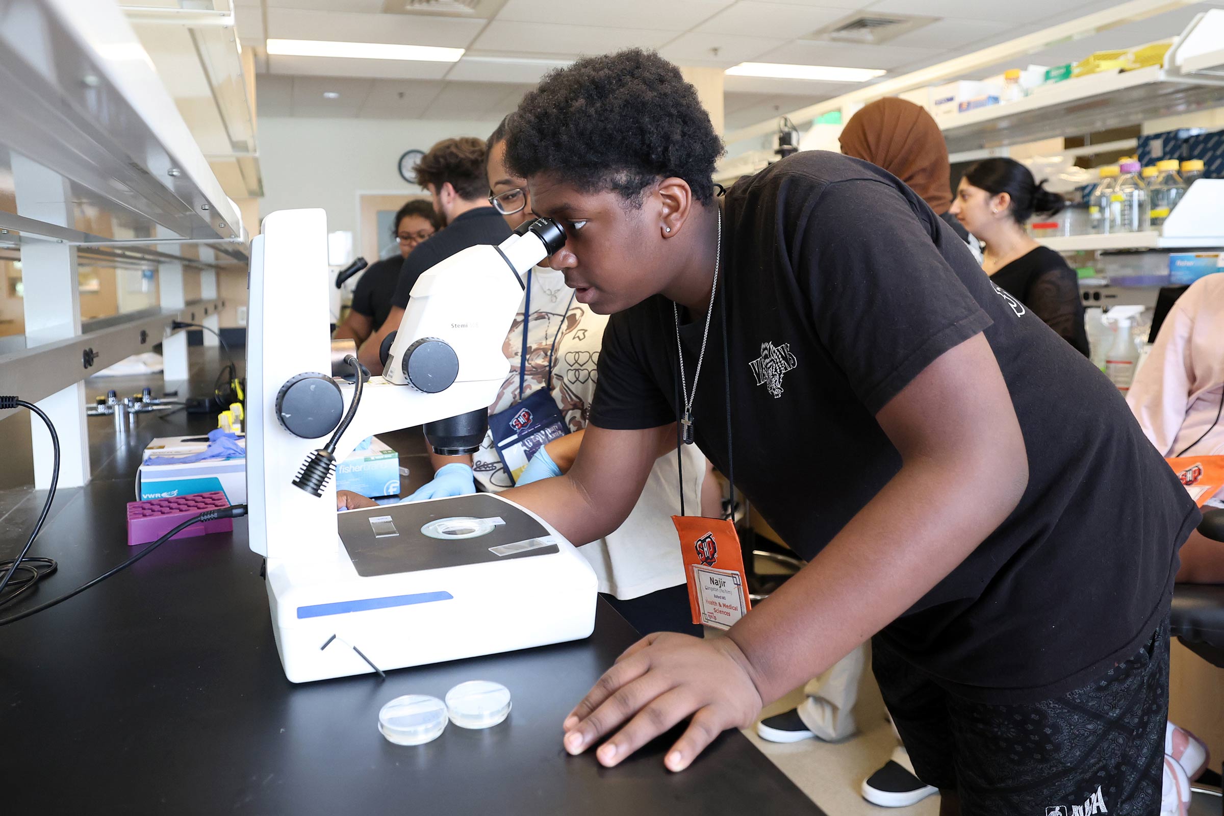 Students looking into a microscope