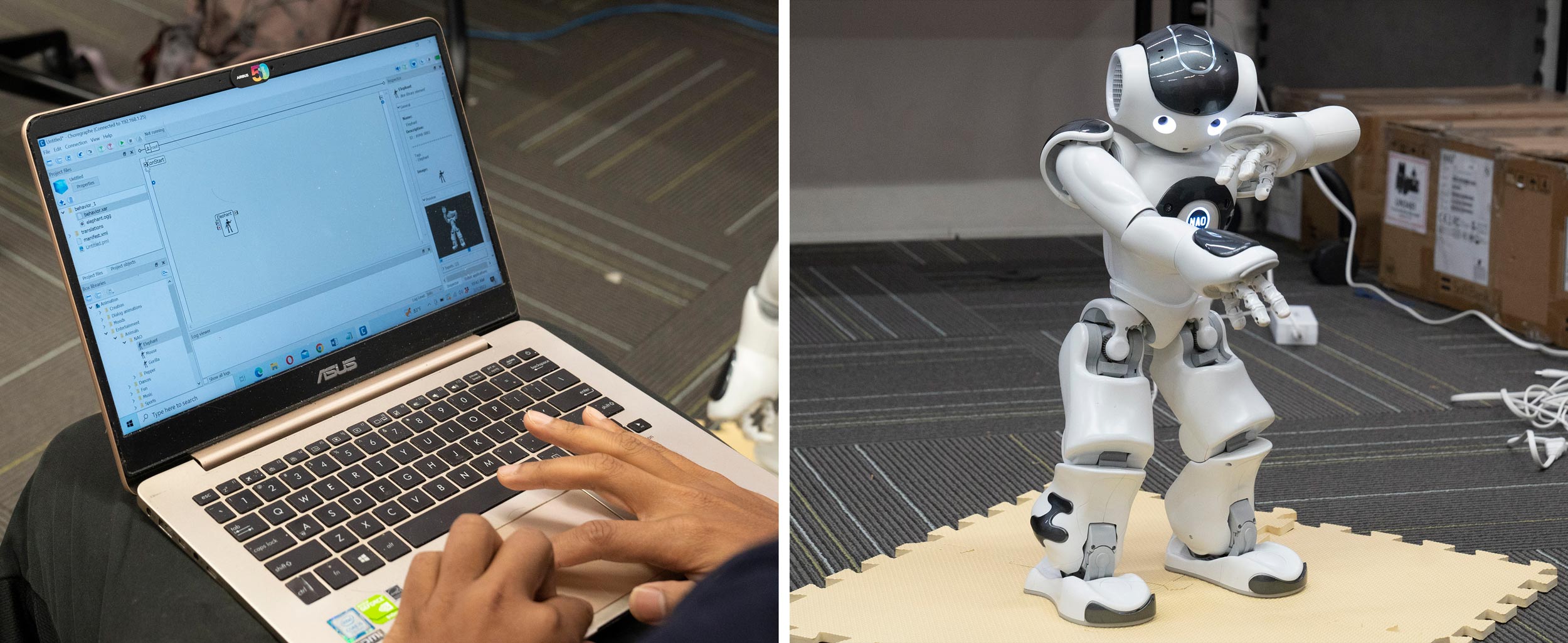 On the left Sujan Sarker typing on a laptop, on the right a small robot