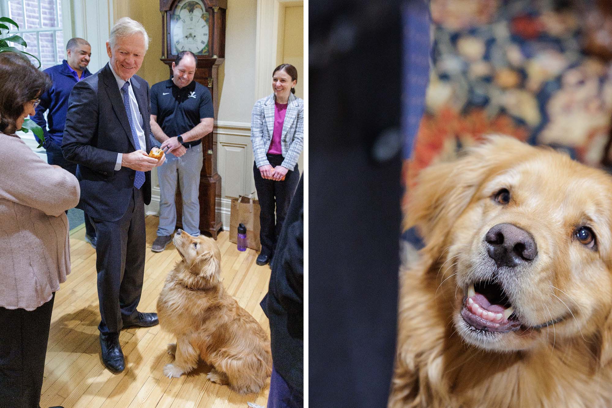 Left, Beardsley introduces his dog, Lawnie, to the audience, and, right, close up of Lawnie looking up at Beardsley.