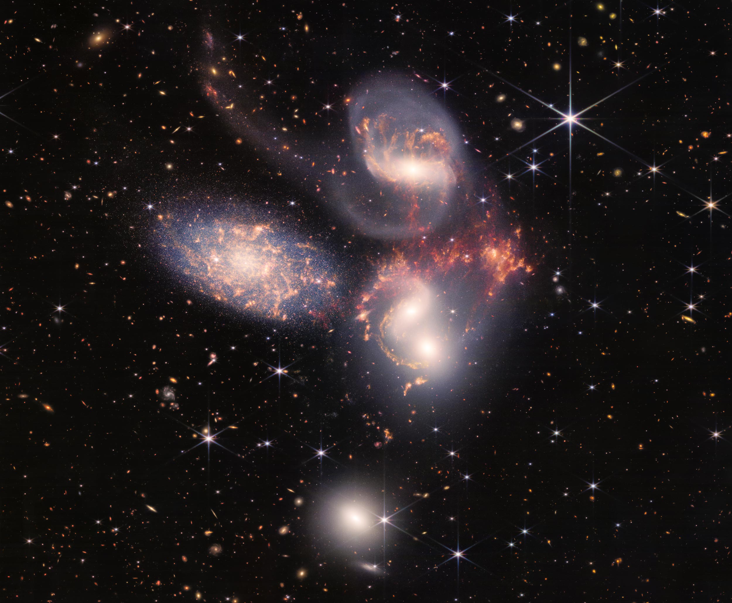 Five galaxies interact and bend each other out of shape