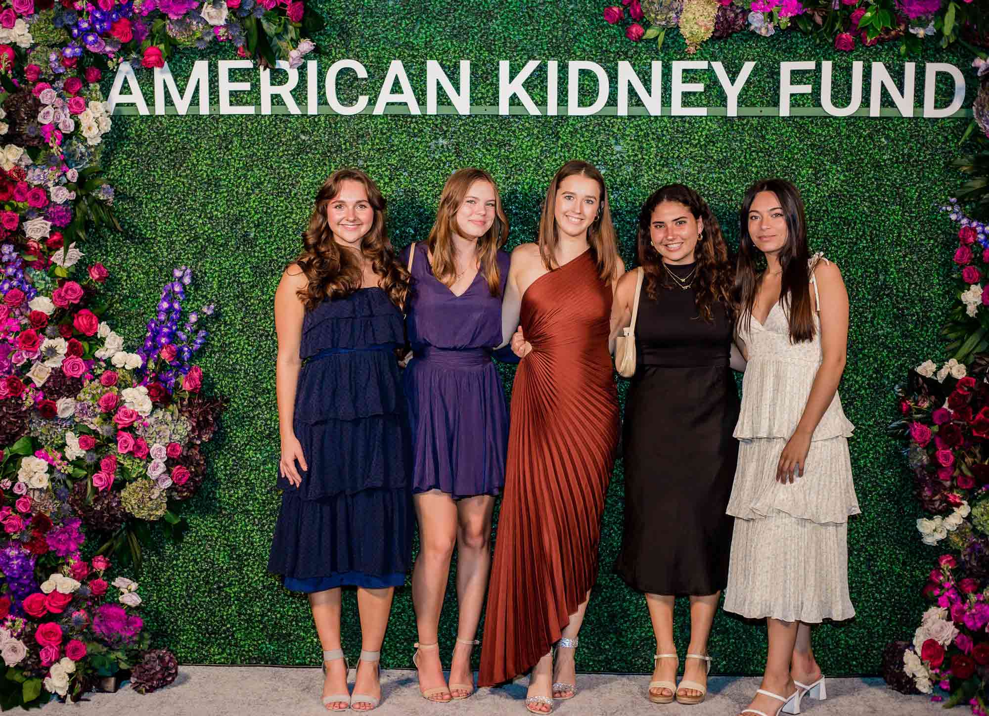 Kendall Freese, Ellie Hill, Ellie Hanley, Dayna Felger and Gaby Schaubach posing for a photo together outside the American Kindney Fundraiser celebration