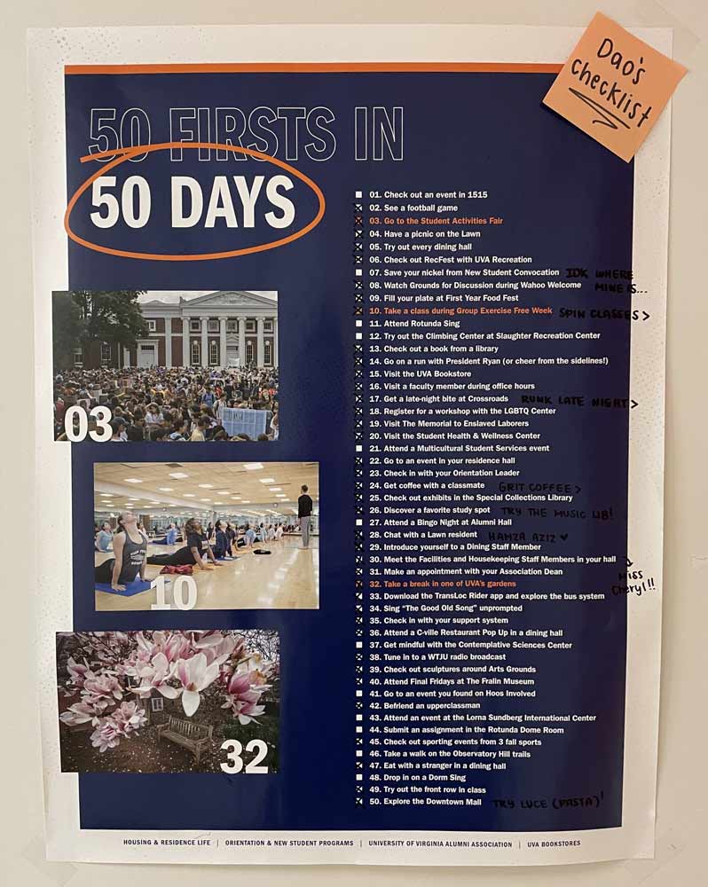 A poster of activity suggestions for students to get more comfortable in Charlottesville and on Grounds
