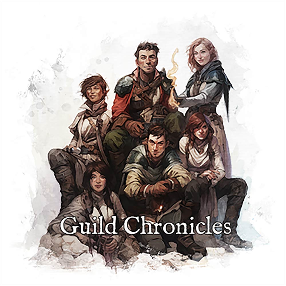 A poster image of the game "Guild Chronicles" of a team of 5 people gathered together in adventurer style clothing