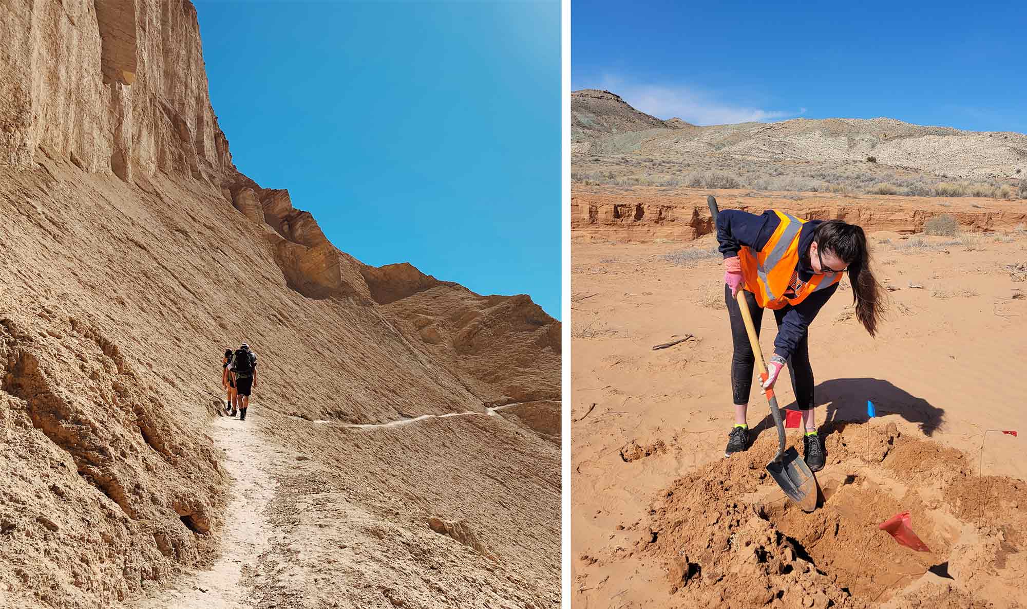 Two photos of students doing community service work in national parks out west