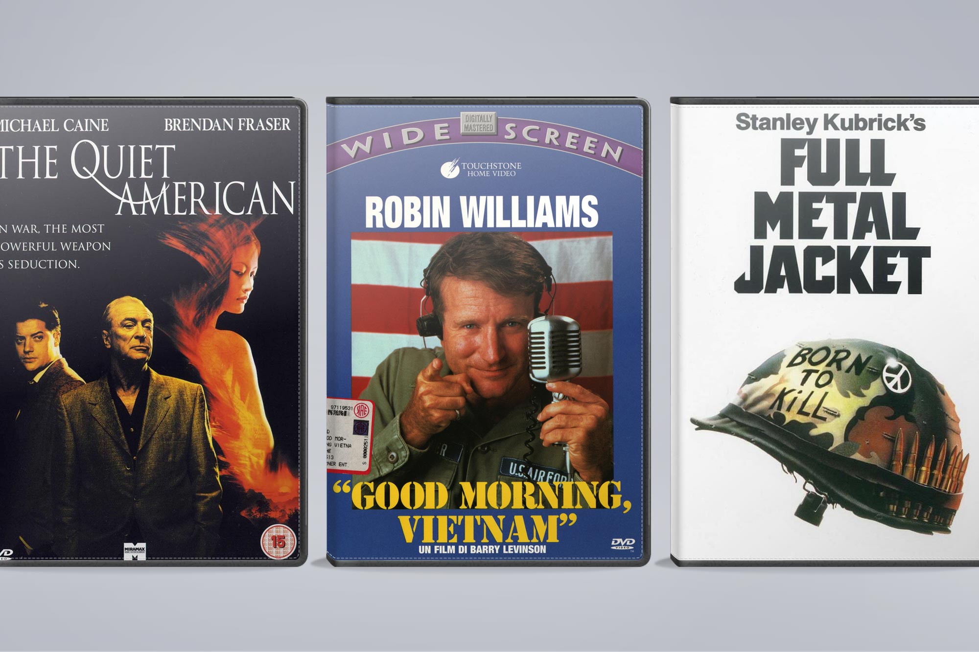 Three movie posters (The Quiet American, Good Morning Vietnam, and Full Metal Jacket) side by side