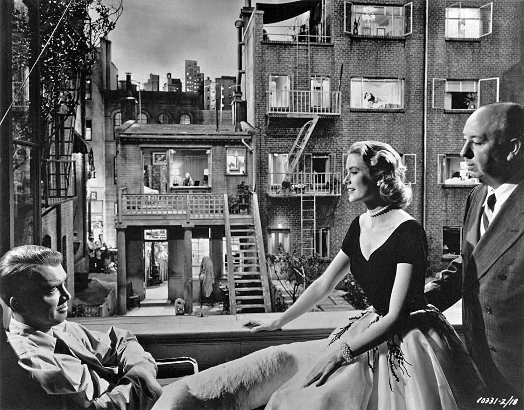still from the movie rear window where actors are all talking