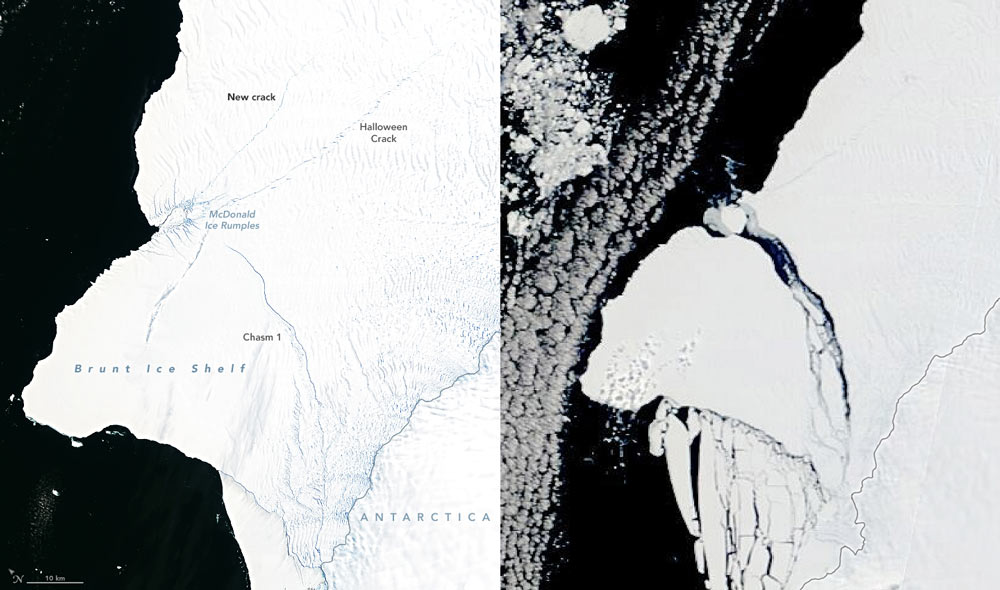 Before and after satellite images of the Brunt Ice Shelf