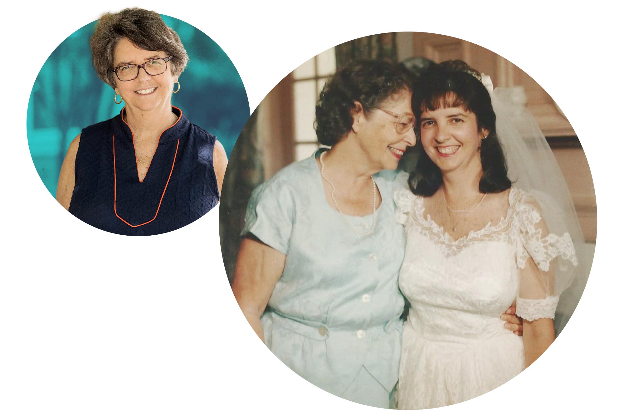 A portrait of Theresa Carroll, and a photo of her smiling in a wedding dress, with her mother's face resting on her temple.