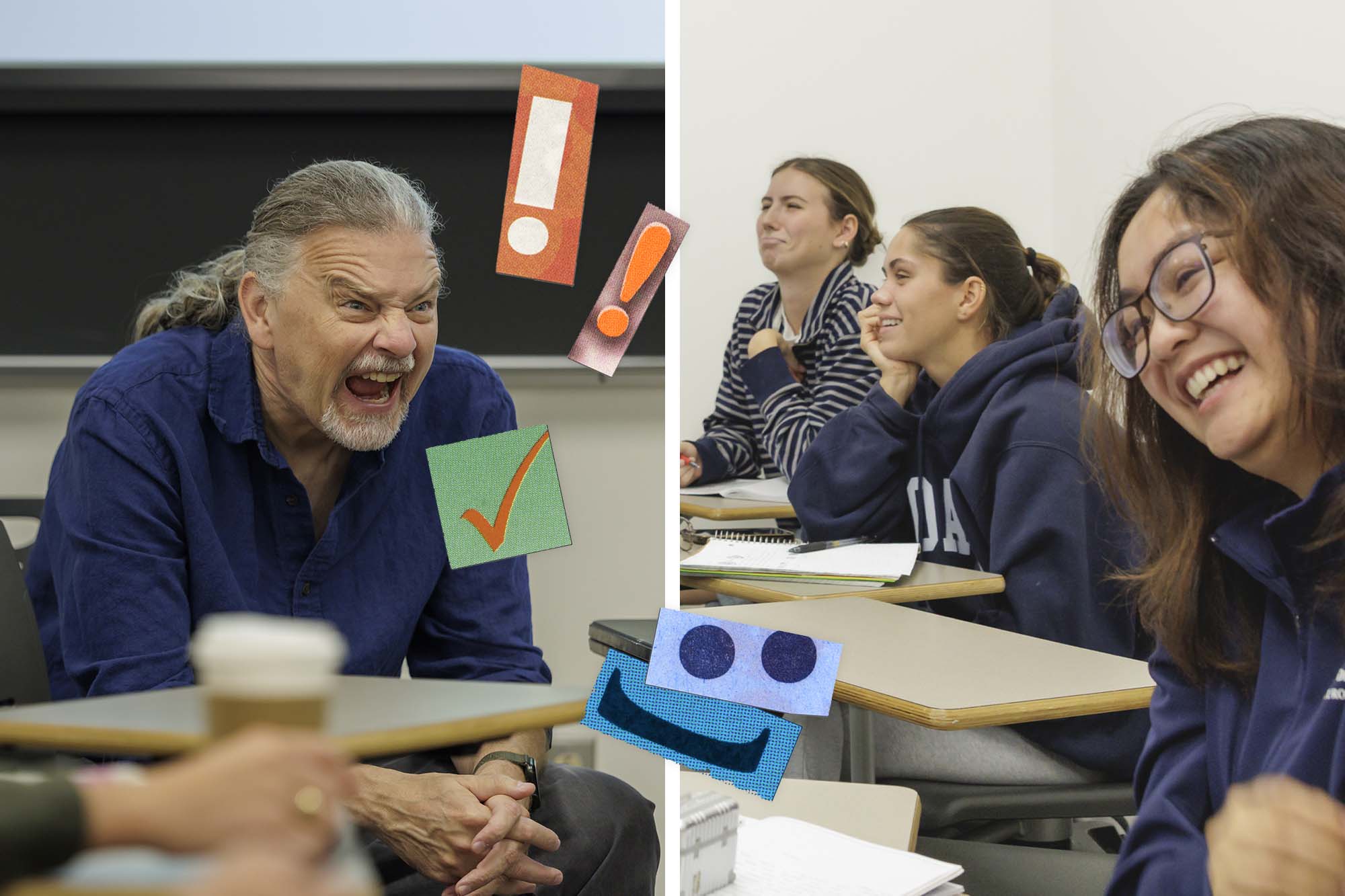 Candid portrait of psychology professor Jim Coan mid-shout, with a student laughing in response.