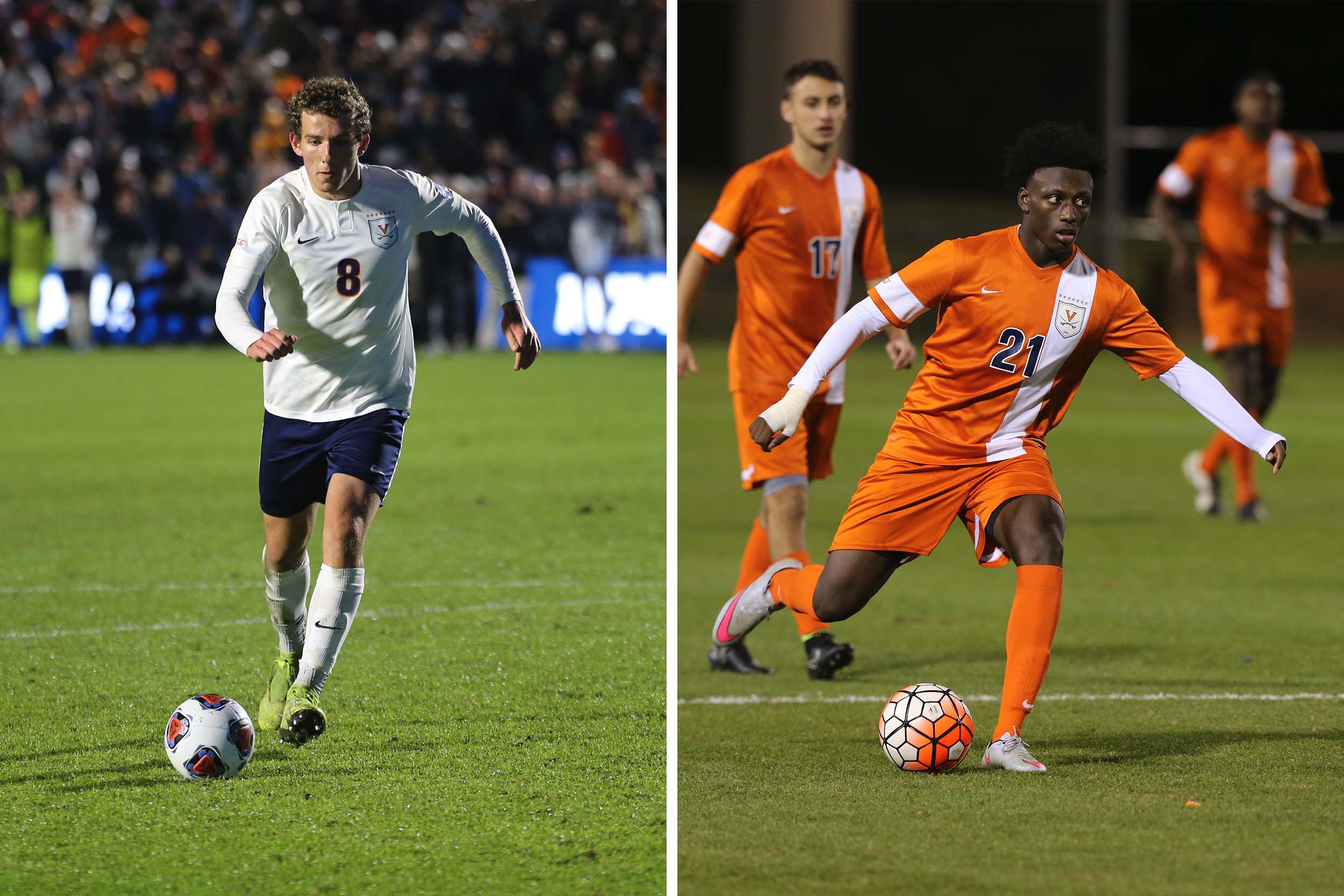 Joe Bell, left, and Derrick Etienne Jr., right, playing soccer for UVA