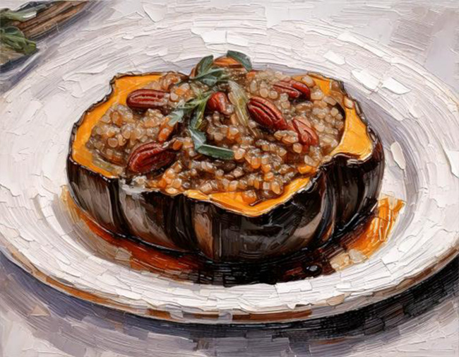 Digital illustration of roasted acorn squash filled with lentils and peacans