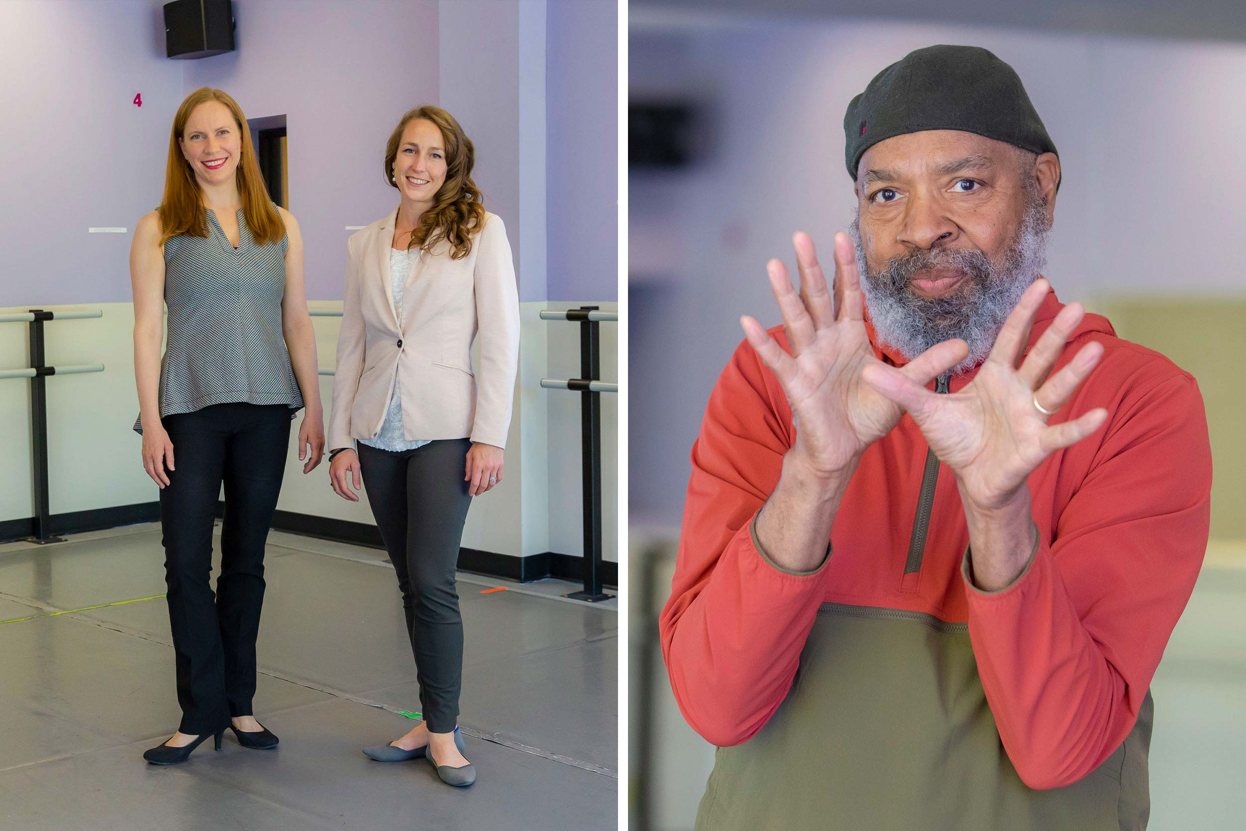Sara Clayborne and Emily Hartka stand together in the ballet studio and smile at the camera. Keith Lee poses with his hands outstretched.