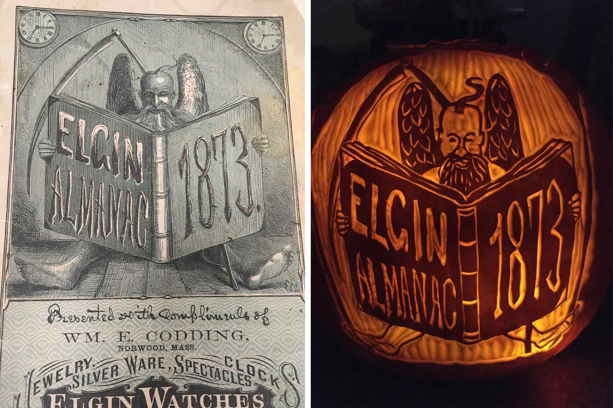 left: book cover right: book cover carved on a pumpkin