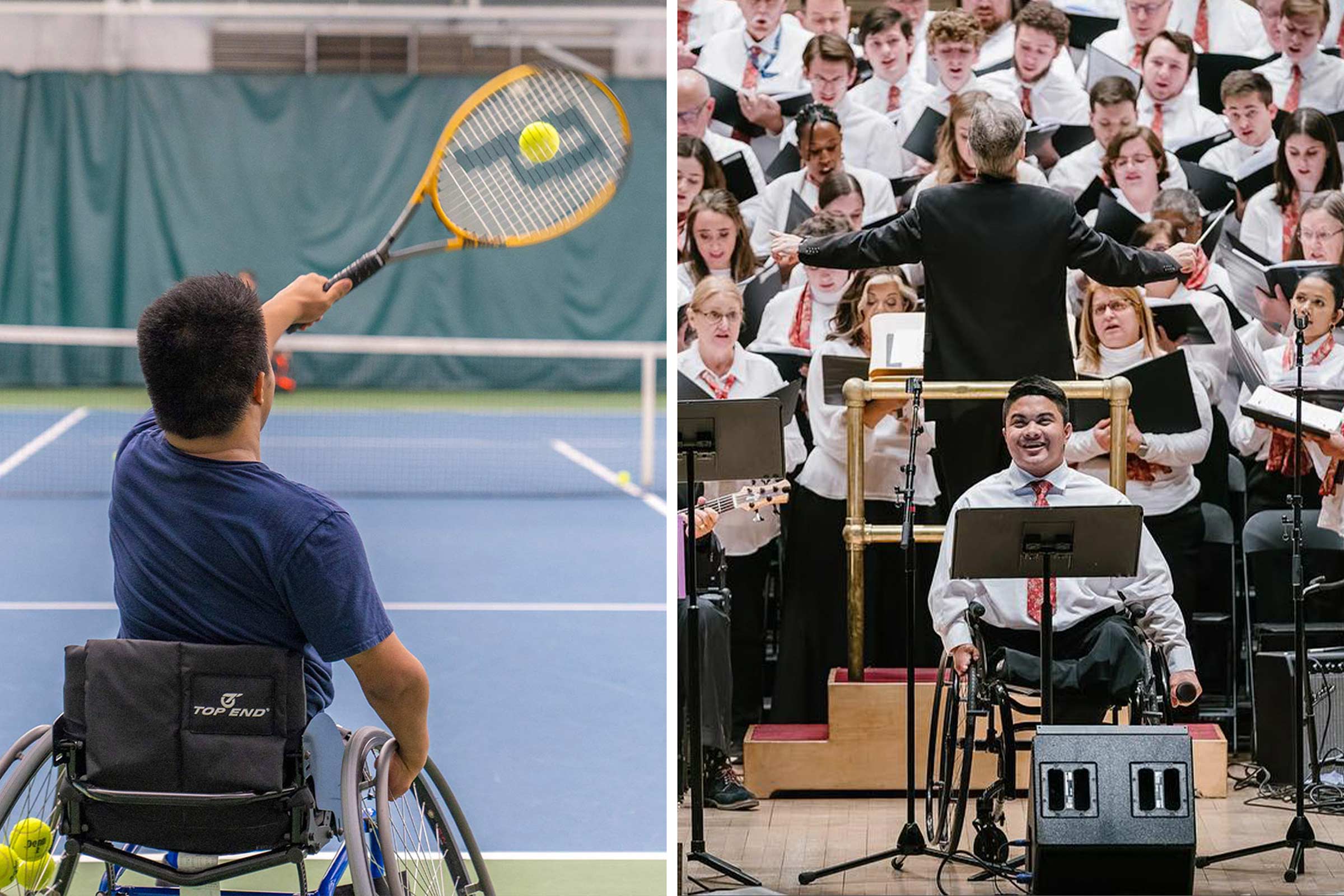 Camano playing tennis, left, and performing solo, right