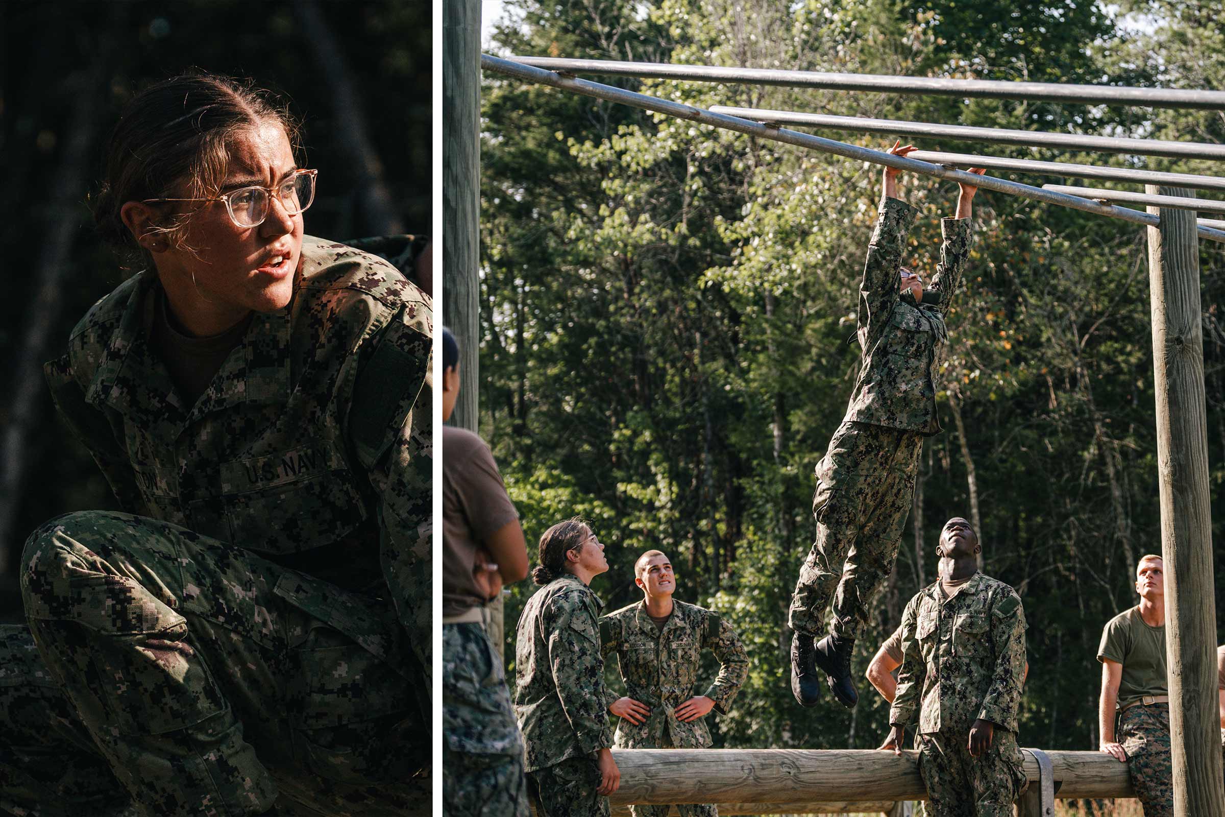 Candid photo of Kaitlyn Lytton, left, learned that she enjoyed working as part of a team. At right, candidates and midshipmen watch Dua lift herself up on a structure on the obstacle course. 