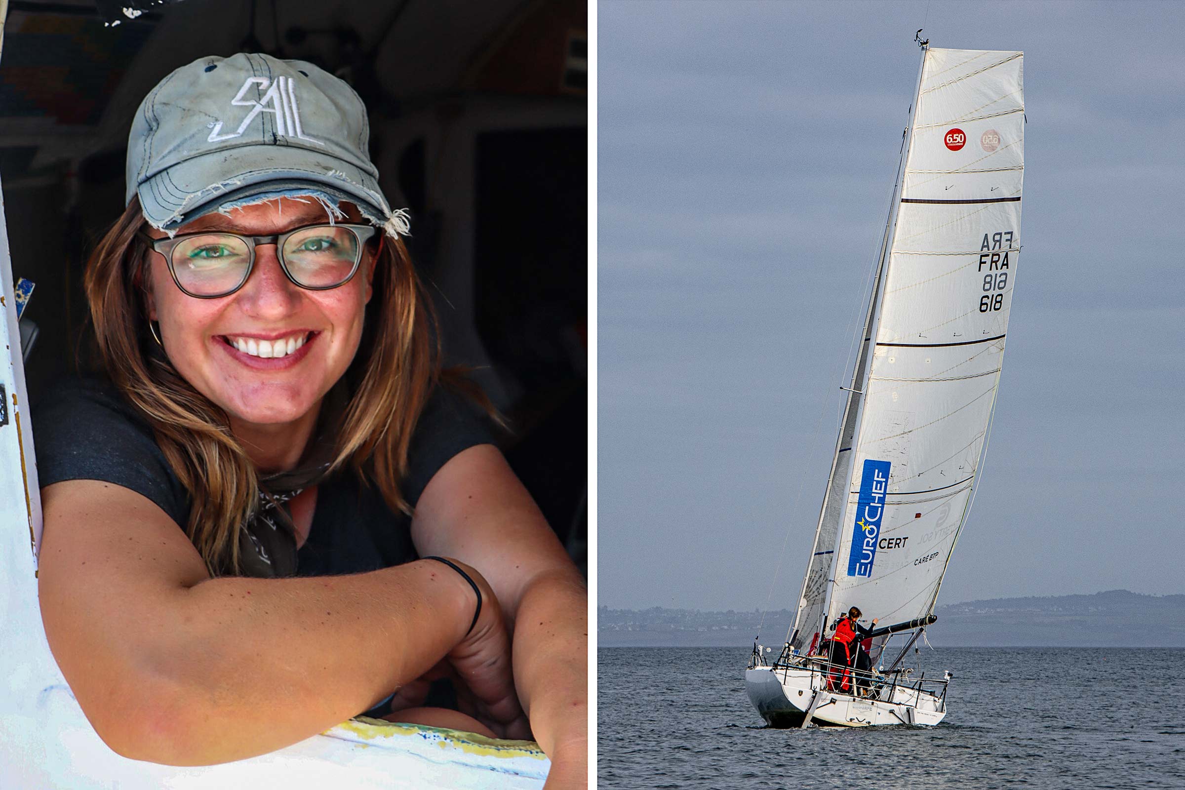 A portrait of Hasson with her lucky hat on the left and Hasson on her sailboat on the right
