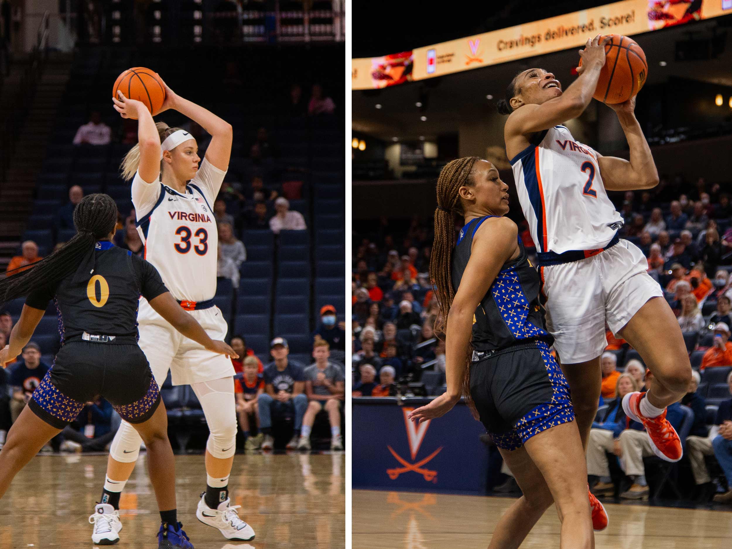 Left: Sam Brunelle preparing to pass the basketball to a teammate.  Right: Taylor Valladay jumping up to perform a layup.