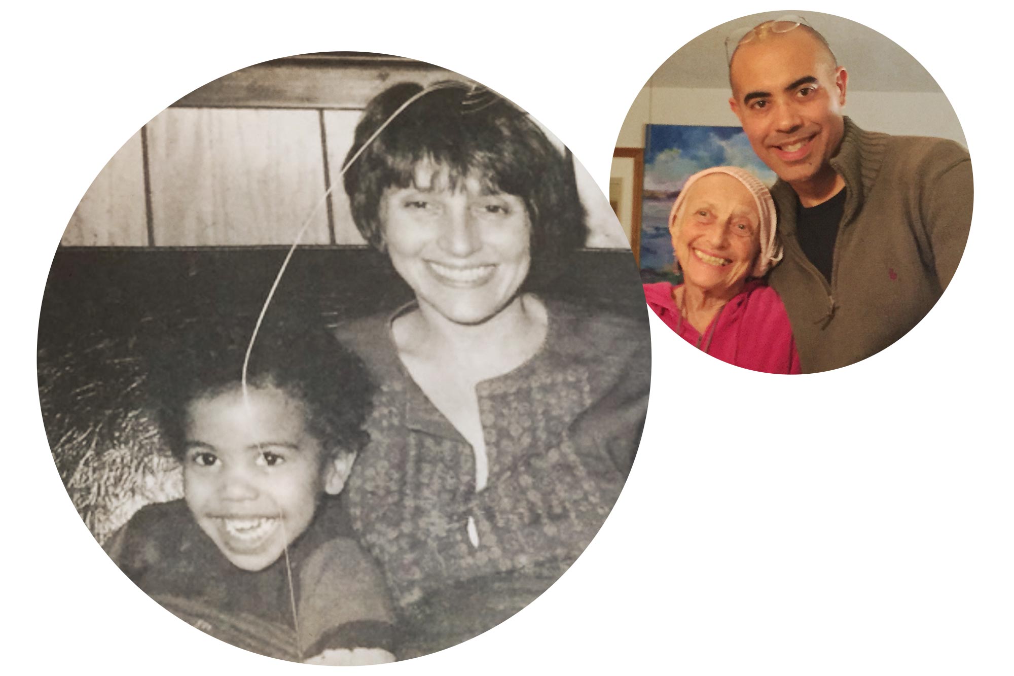A black and white photo of Solomon as a child with his mother, and a modern photo of the two