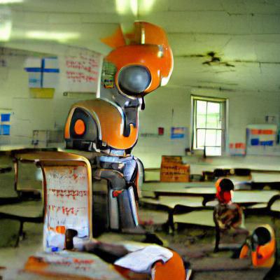 AI-generated photo of an orange robot in a classroom