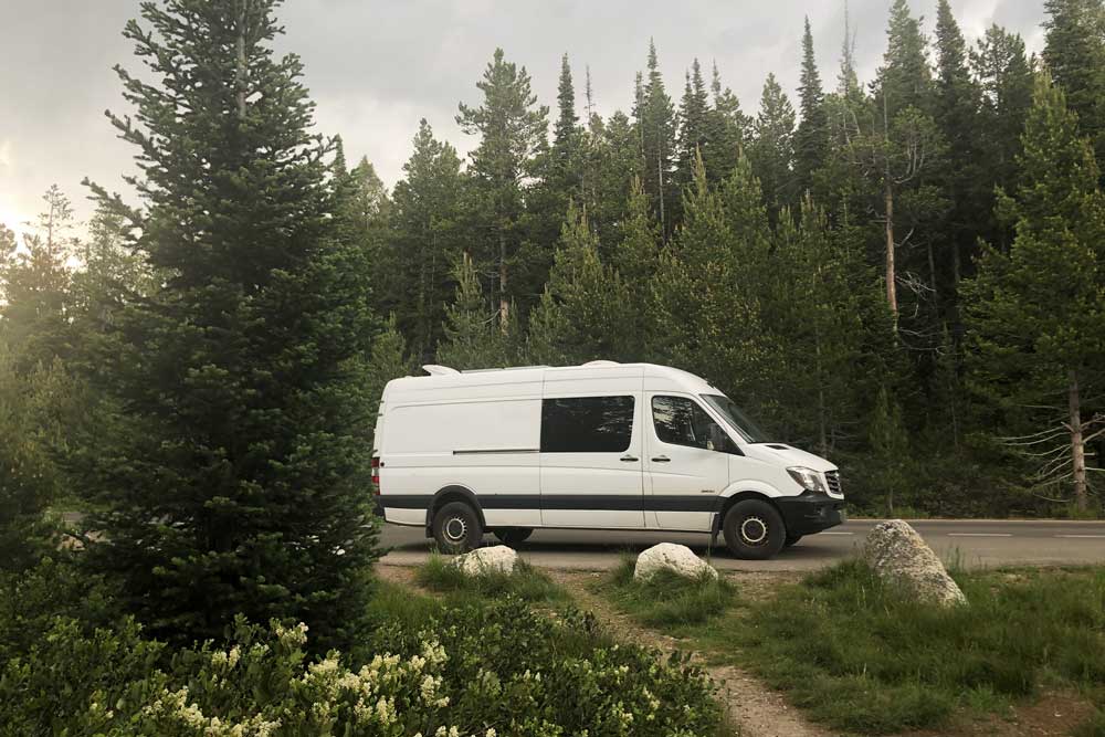 A white van is parked in the midst of green trees.