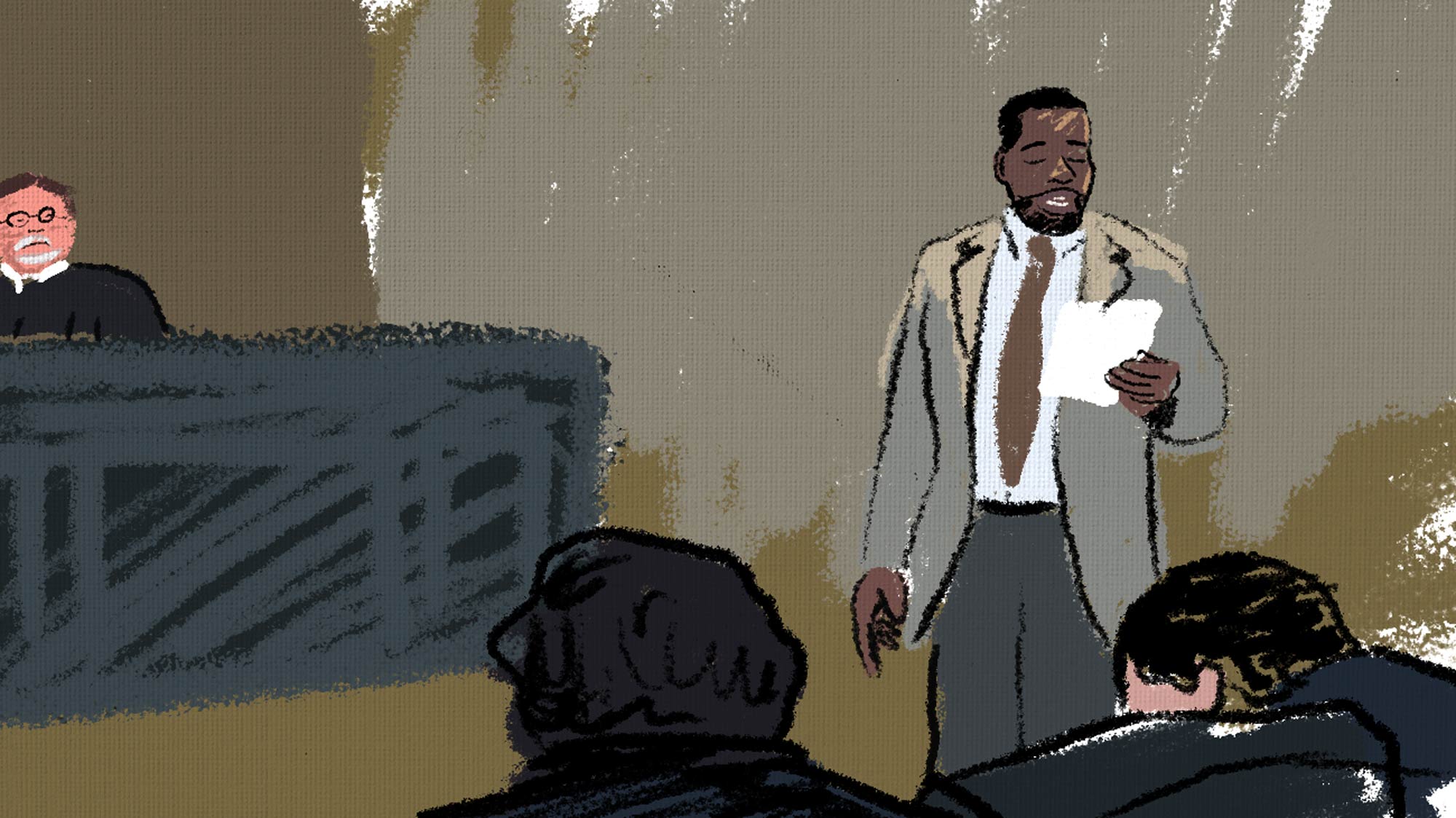 Illustration of Attorney Shaun Kent Presenting in Court Room