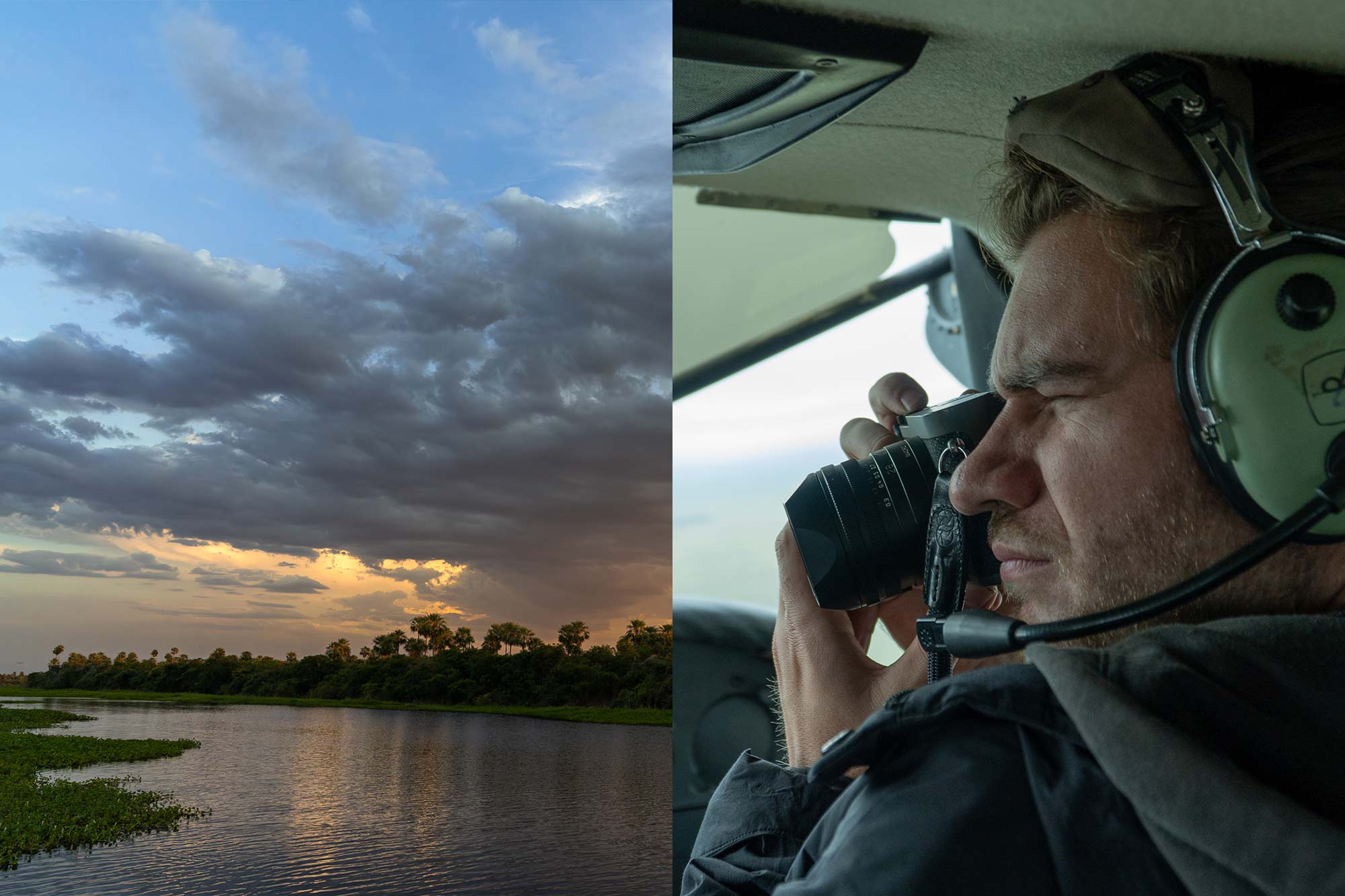 Aerial of the Paraguay River at dusk, left, and Henry Maillet taking an aerial photo, right