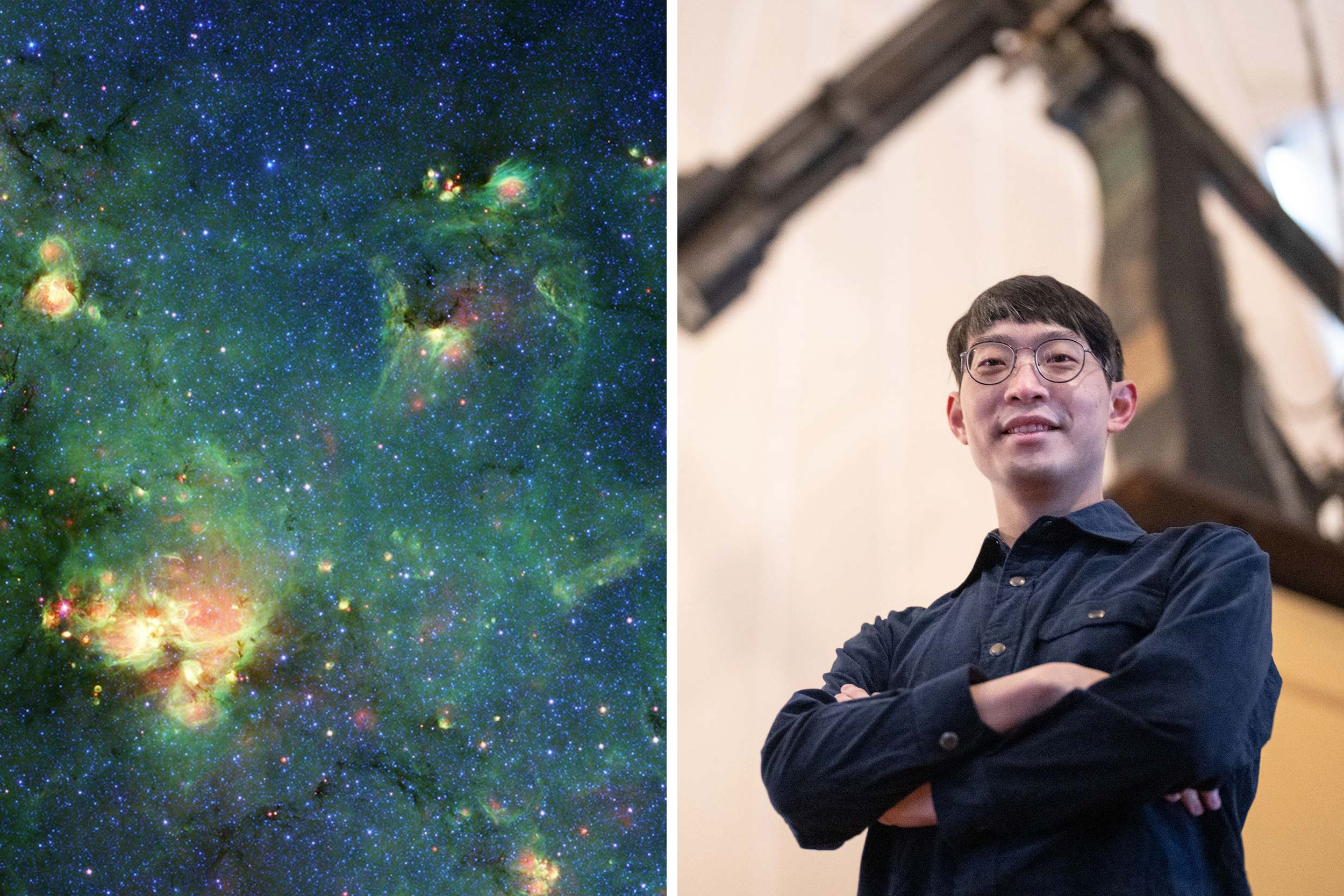 Astronomical image of brightly colored clouds and stars, and Yao-Lun Yang stands with his arms crossed in front of UVA's Leander McCormick Telescope