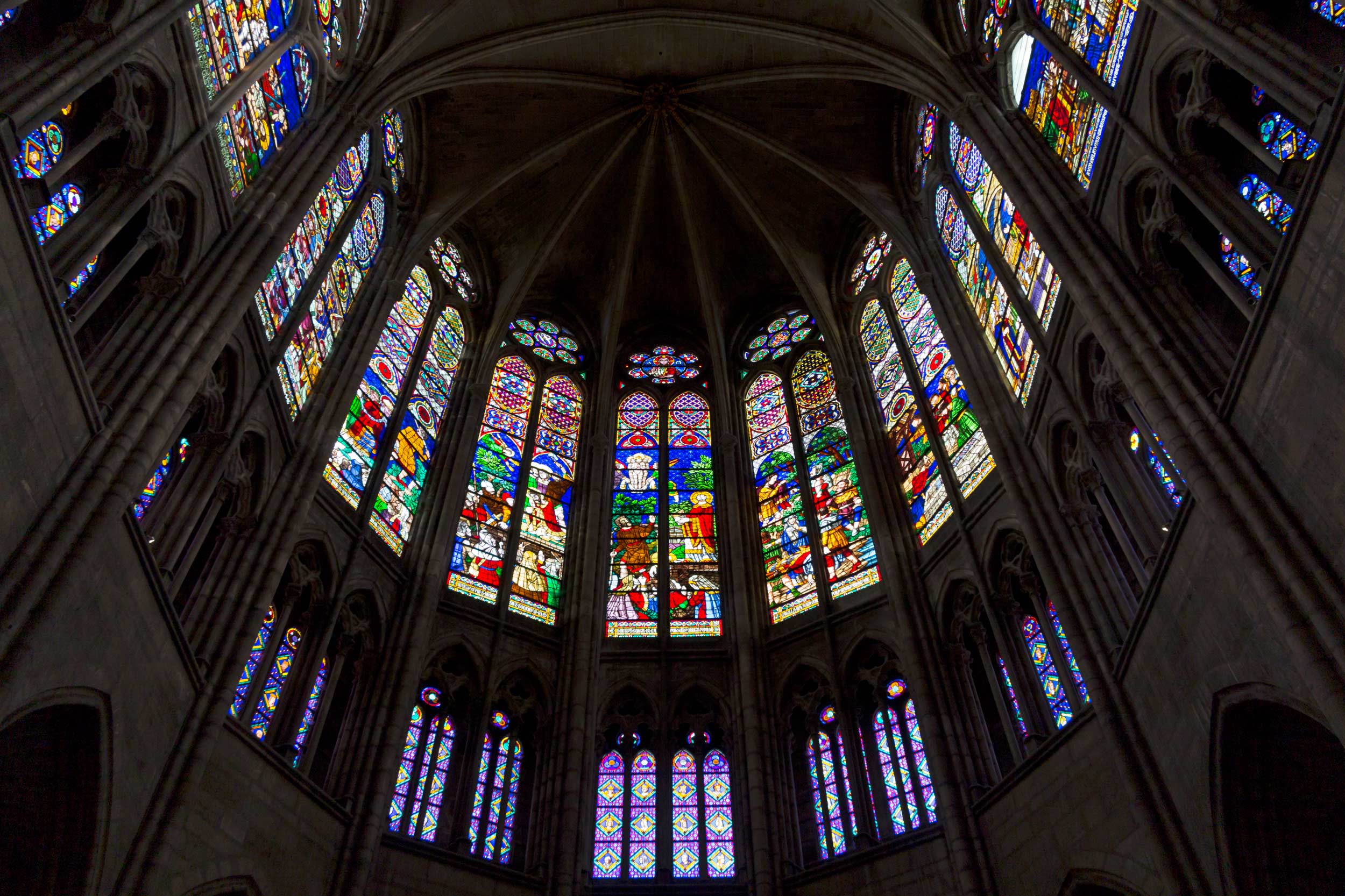 View of the stained glass windows in the apse of the Saint-Denis cathedral
